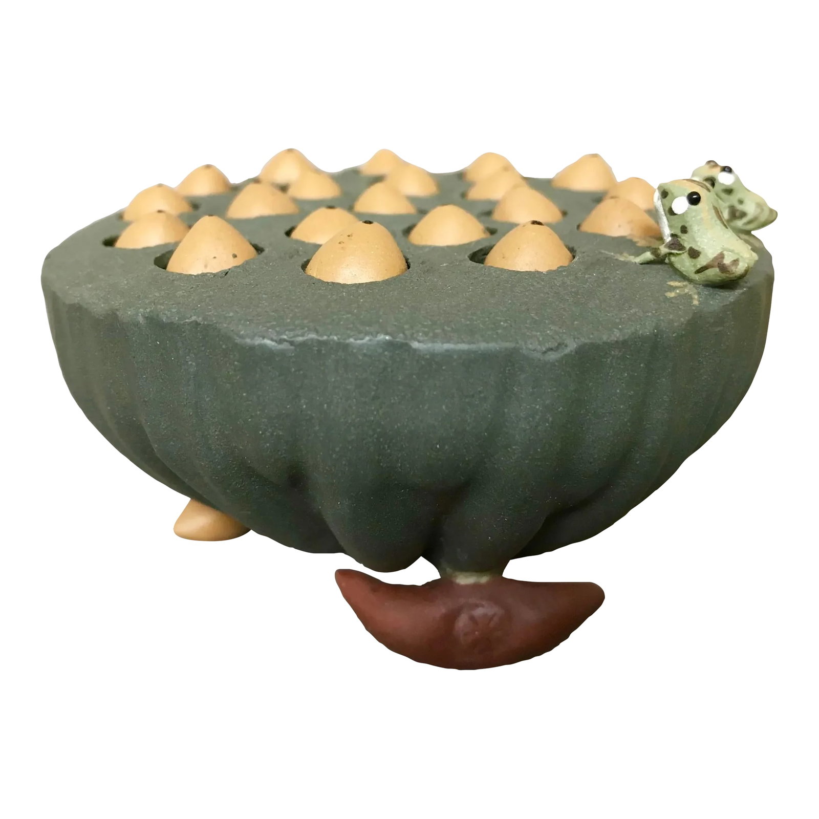 Yixing Scholar Object of a Lotus Pod With Movable Seeds: There are many many Yixing teapots but there are not too many non teapot items and even less potters who make them. This is a very whimsical object, a lotus pod with movable seeds with two little frog
