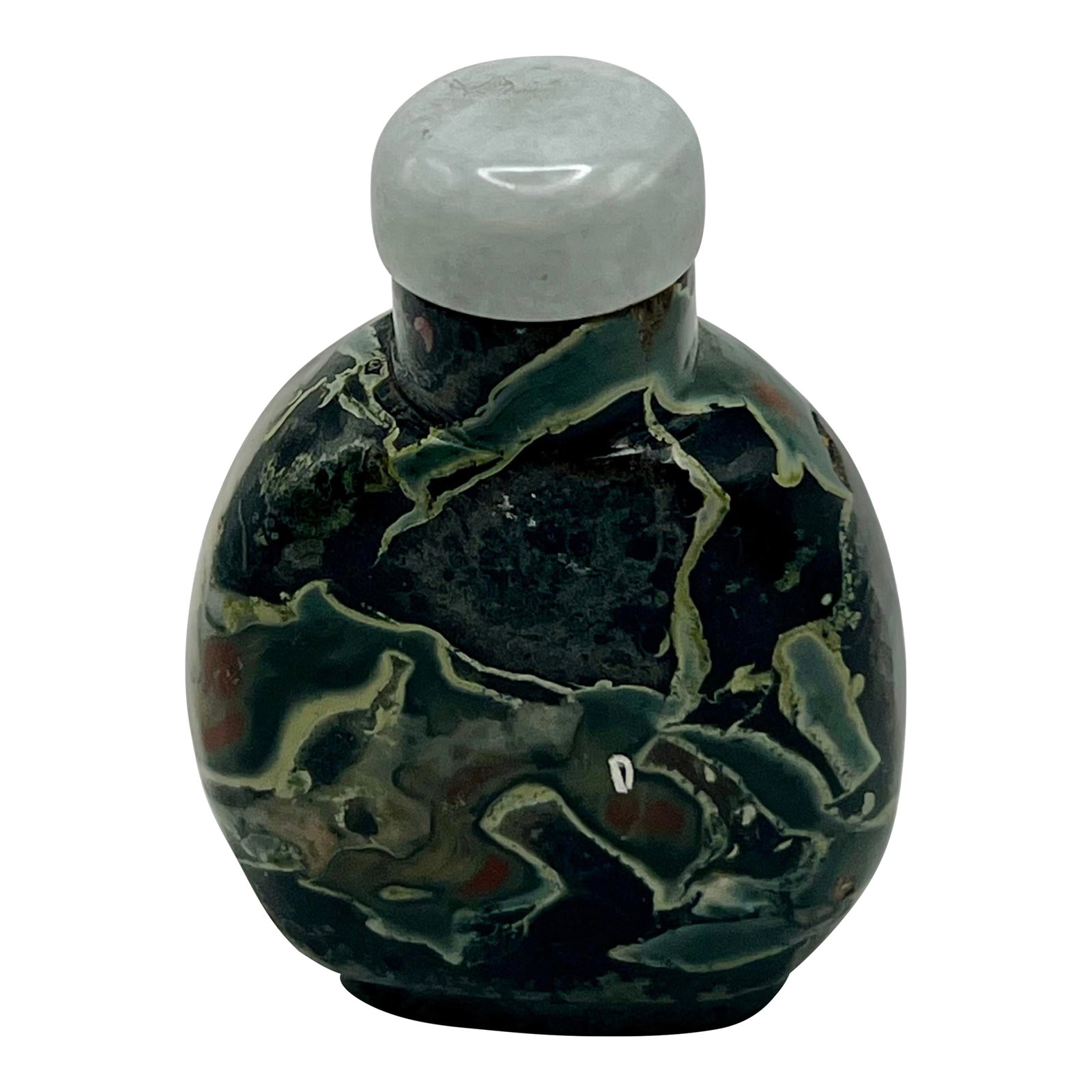 1970s Vintage Frog Skin/Bloodstone Snuff Bottle: This bloodstone, or commonly known as frogskin snuff bottle is one of the more interesting stone bottles in my collection. Bloodstone is a dark green variety of chalcedony adorned with a splatter of