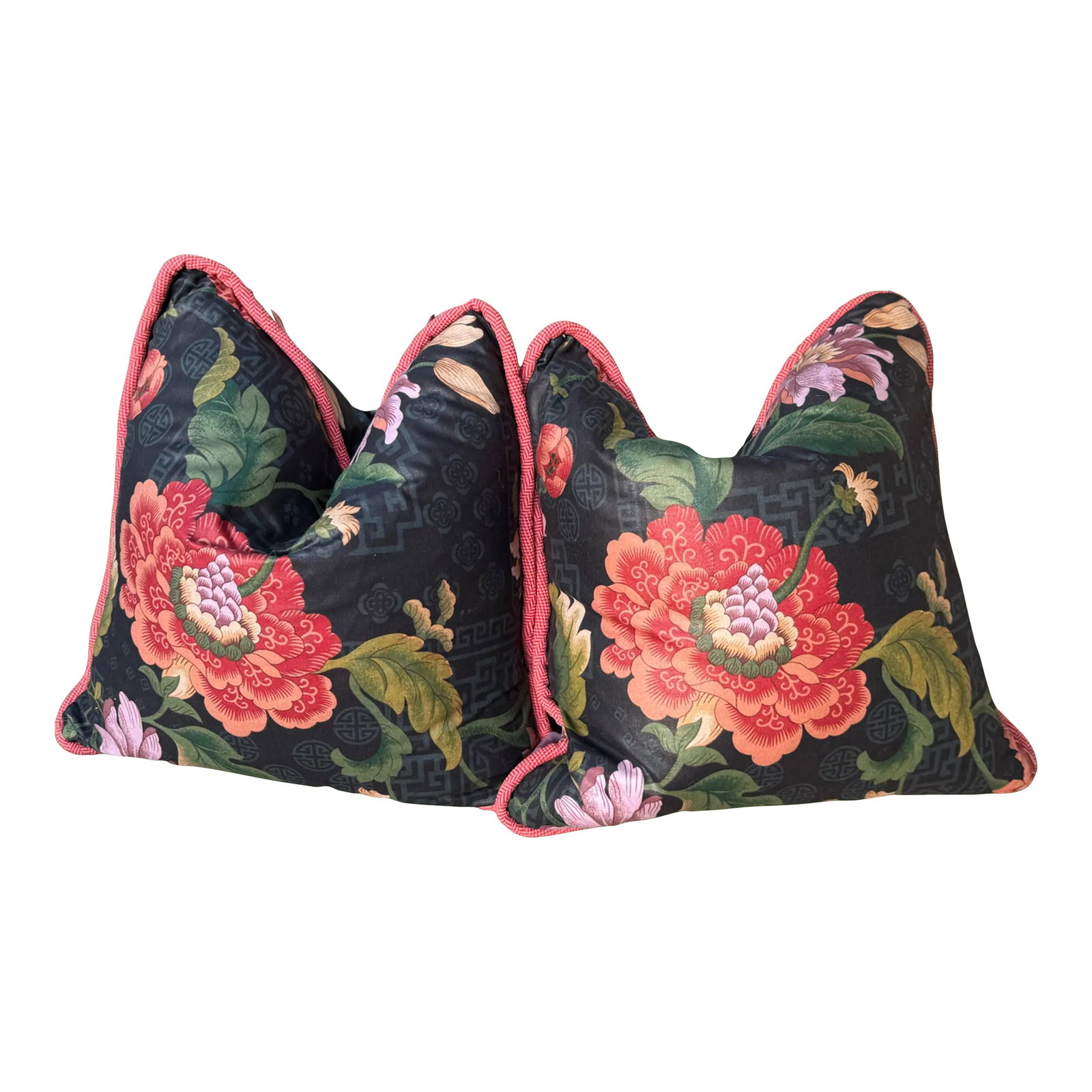 Asian Floral Pillows-Set: Custom made Asian inspired pillows. Chintz black background with colorful floral print with accent cording. No zipper, down filled. Condition: Imperfections: No Imperfections Condition Notes: Hand