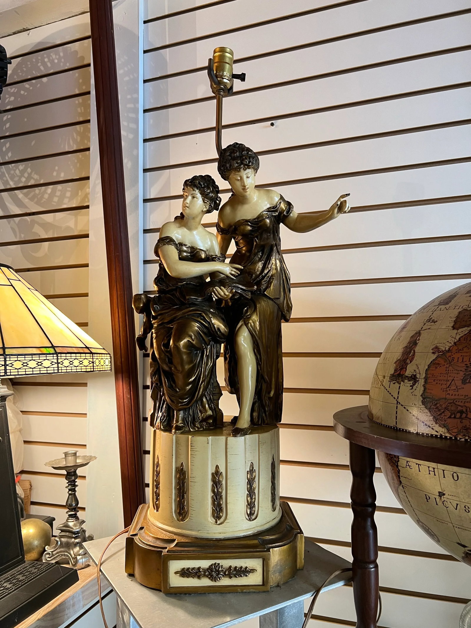 Vintage French Style Lamp Statue of Ladies Reading Book - 2