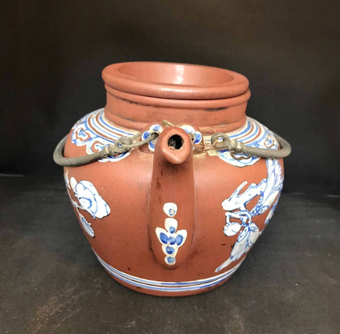 Large Mid 19th Century Antique Yixing Teapot Painted With Blue Enamel Decorations - 3