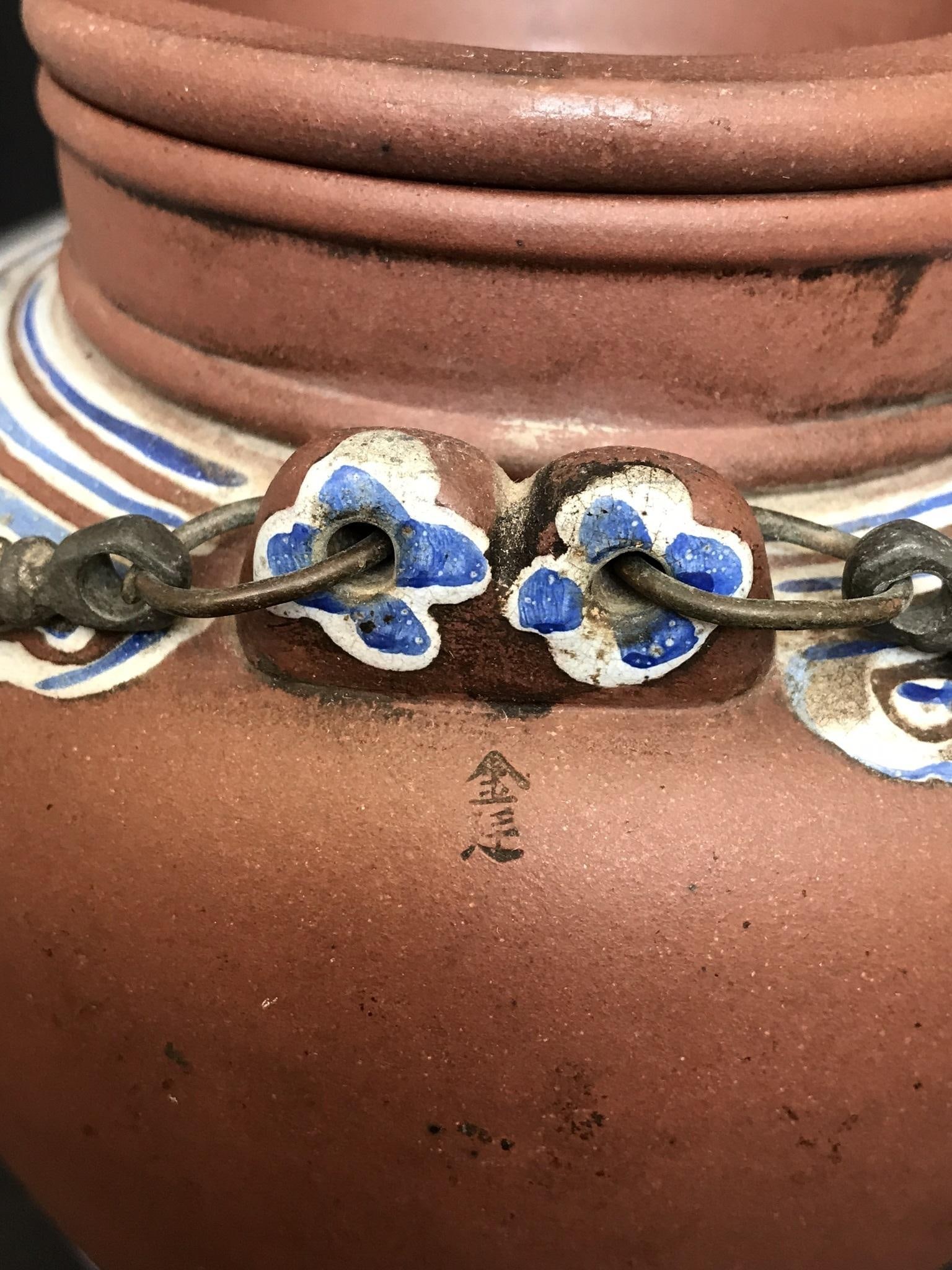 Large Mid 19th Century Antique Yixing Teapot Painted With Blue Enamel Decorations - 7