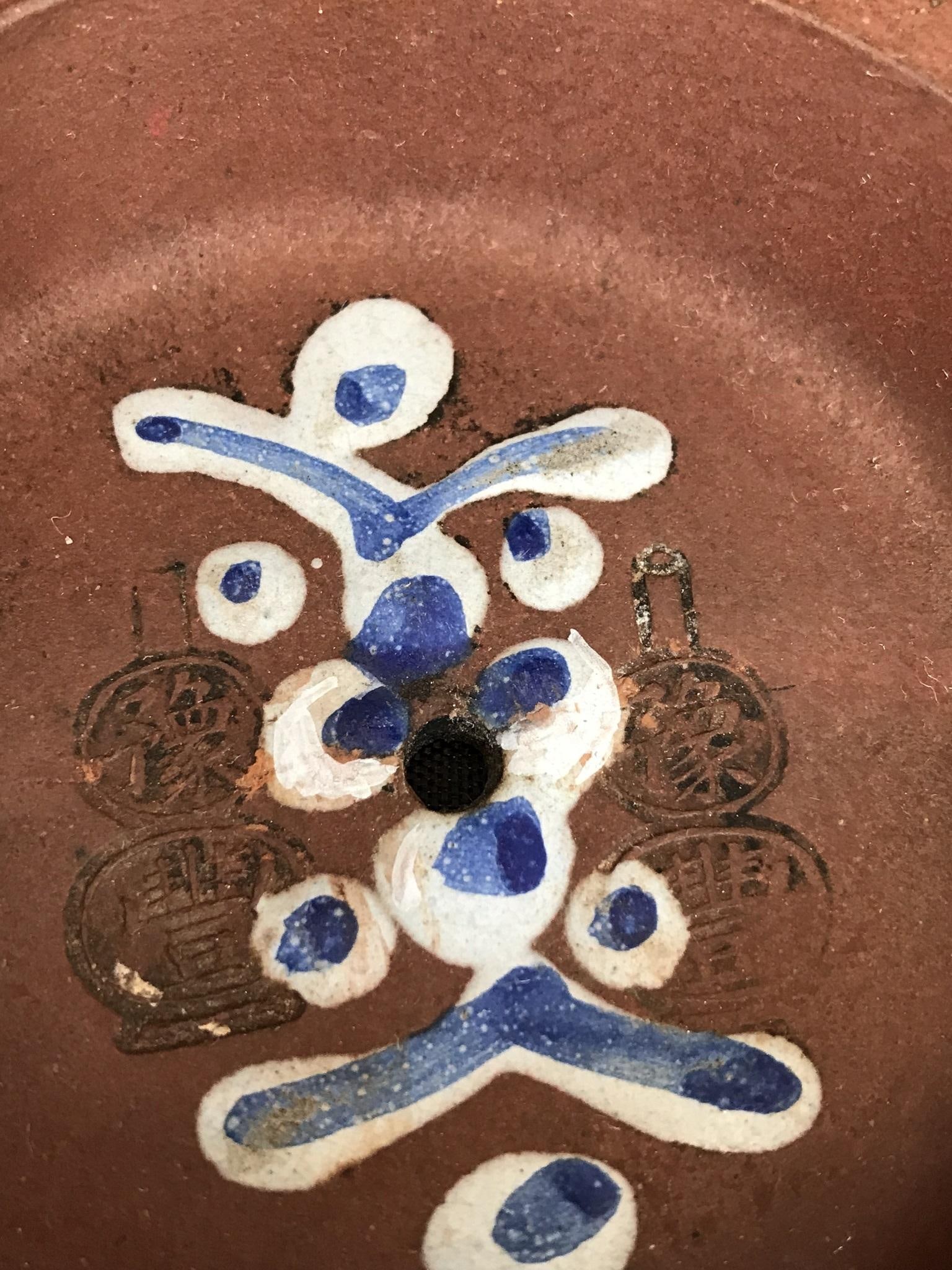 Large Mid 19th Century Antique Yixing Teapot Painted With Blue Enamel Decorations - 9