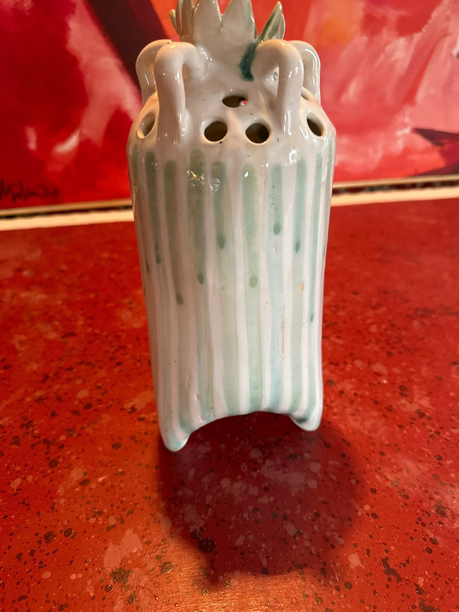 1990s Handmade Ceramic Vase With Celadon Stripes - 2