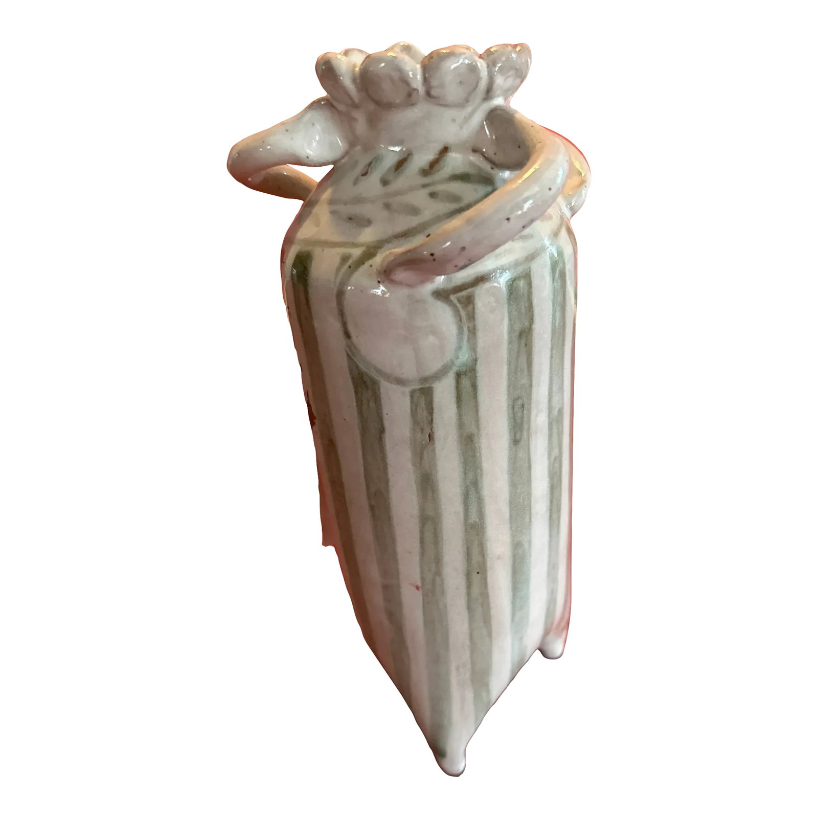 Ceramic Vase With Celadon Stripes and Acanthus Leaf Border: Made by a prominent local master potter. Decorated perky a scalloped border and celadon stripes and an acanthus leaf border Condition: Alterations: Original Condition Unaltered Imperfections: Some Imp