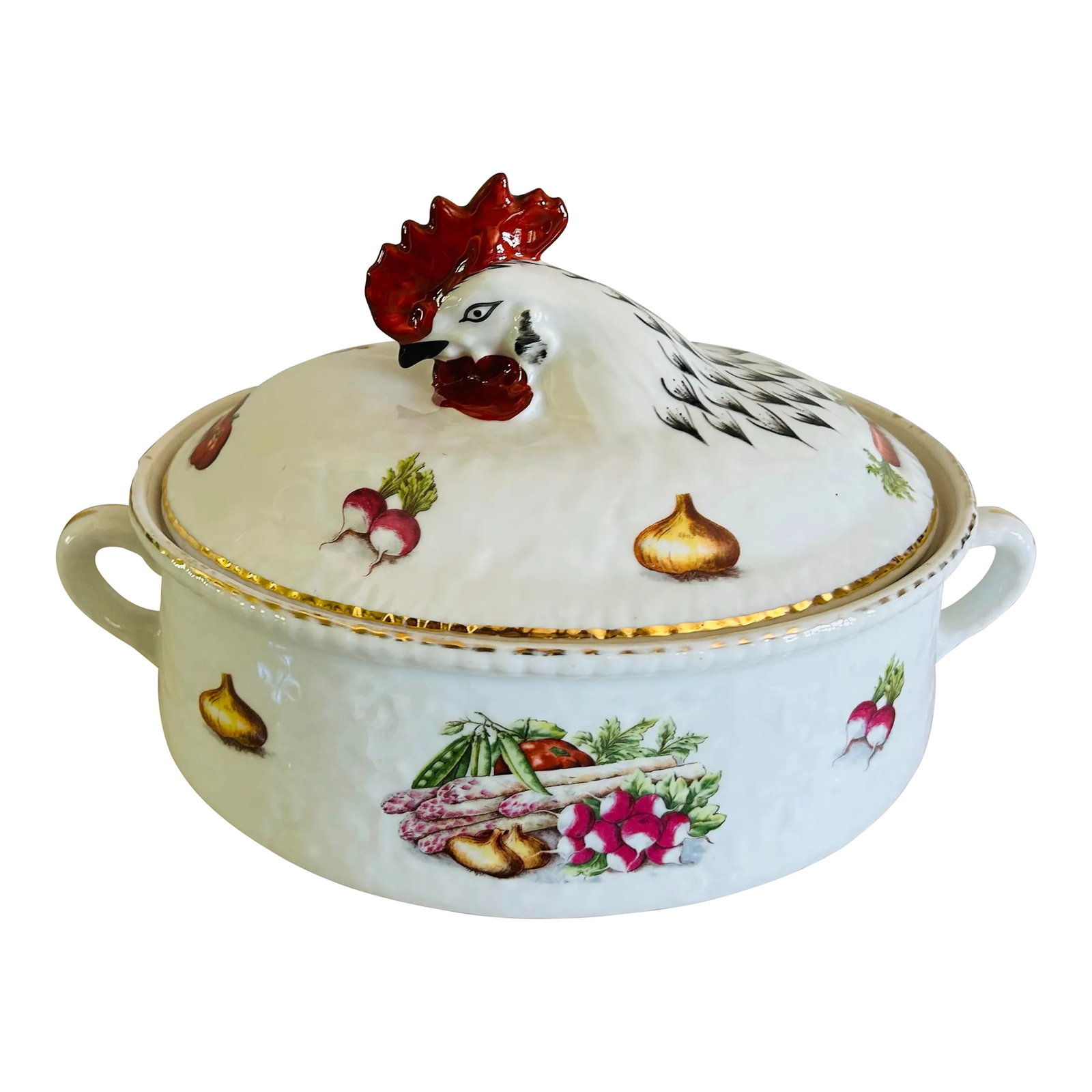 Vintage French Porcelain Covered Vegetable Tureen Figural Rooster: Beautiful French porcelain vegetable / soup tureen. Decorated with various vegetables and with a rooster on top. Condition: Alterations: Original Condition Unaltered Imperfections: Some Imperfections