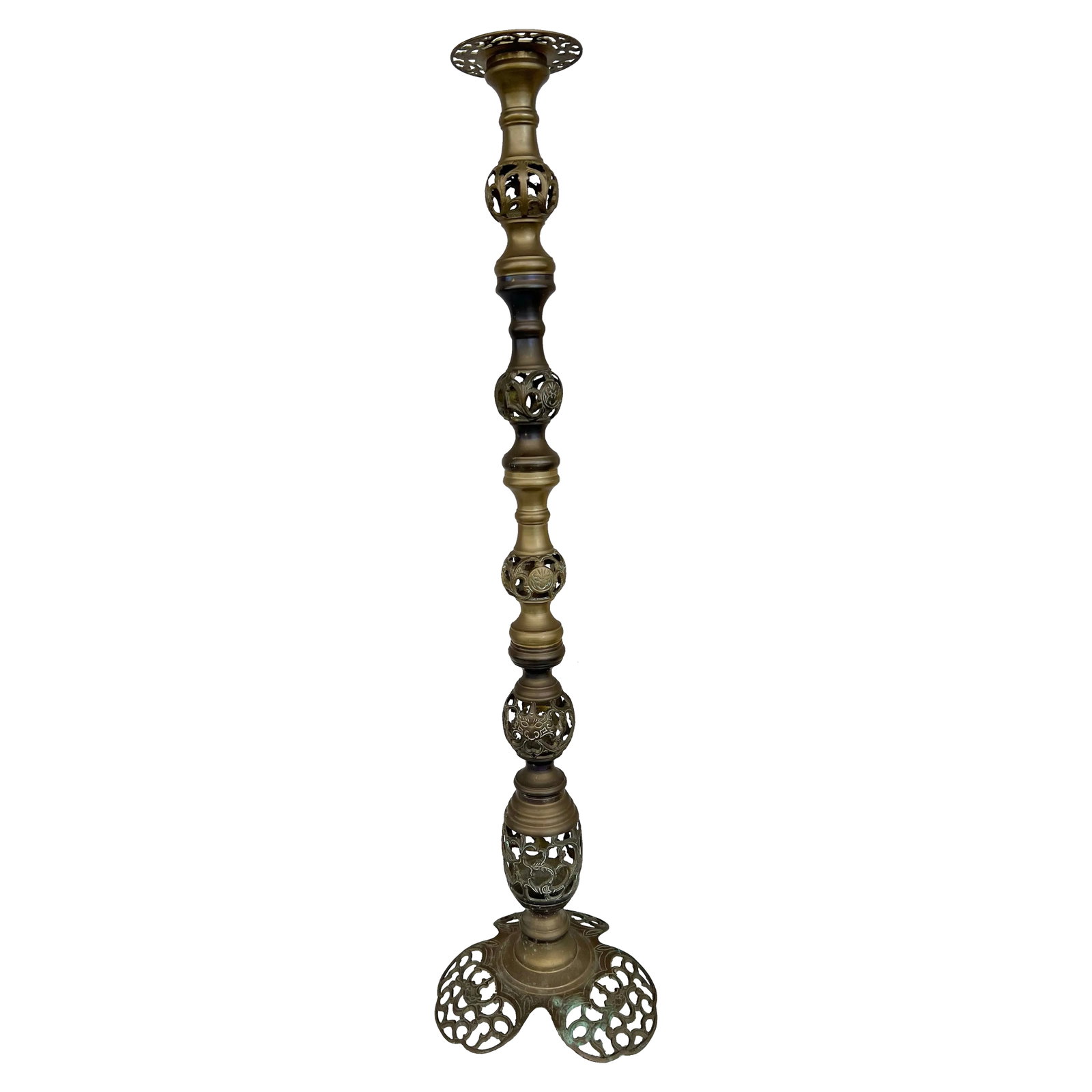 1970s Solid Brass Openwork Floor Pricket Candlestick