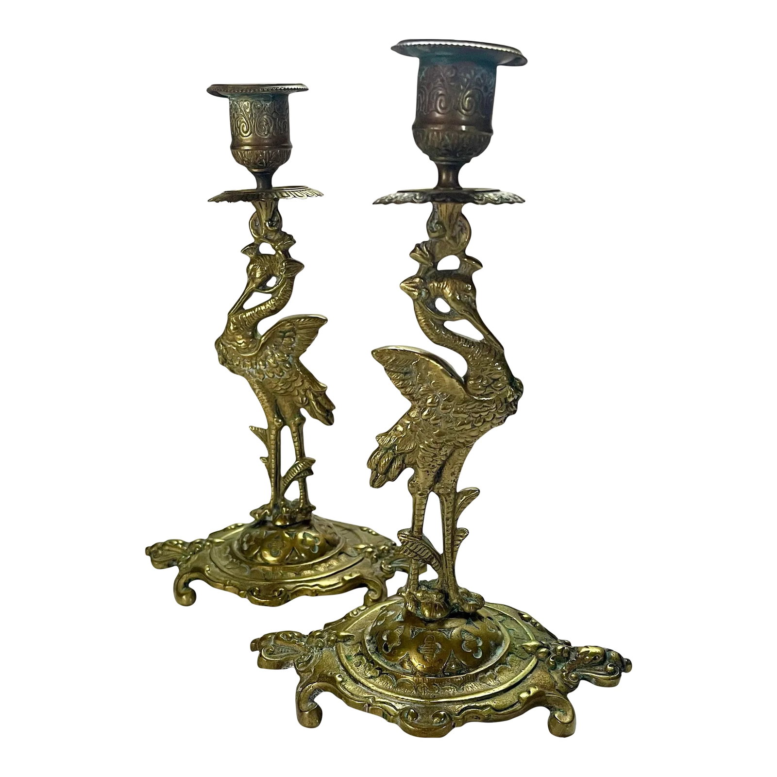 Antique Crane Brass Candlesticks- a Pair: A pair of elaborate brass candlesticks made in India at the turn of the last century. Ships within 1-2 days using USPS. All items packed with care. Please contact us with any questions. Arrives