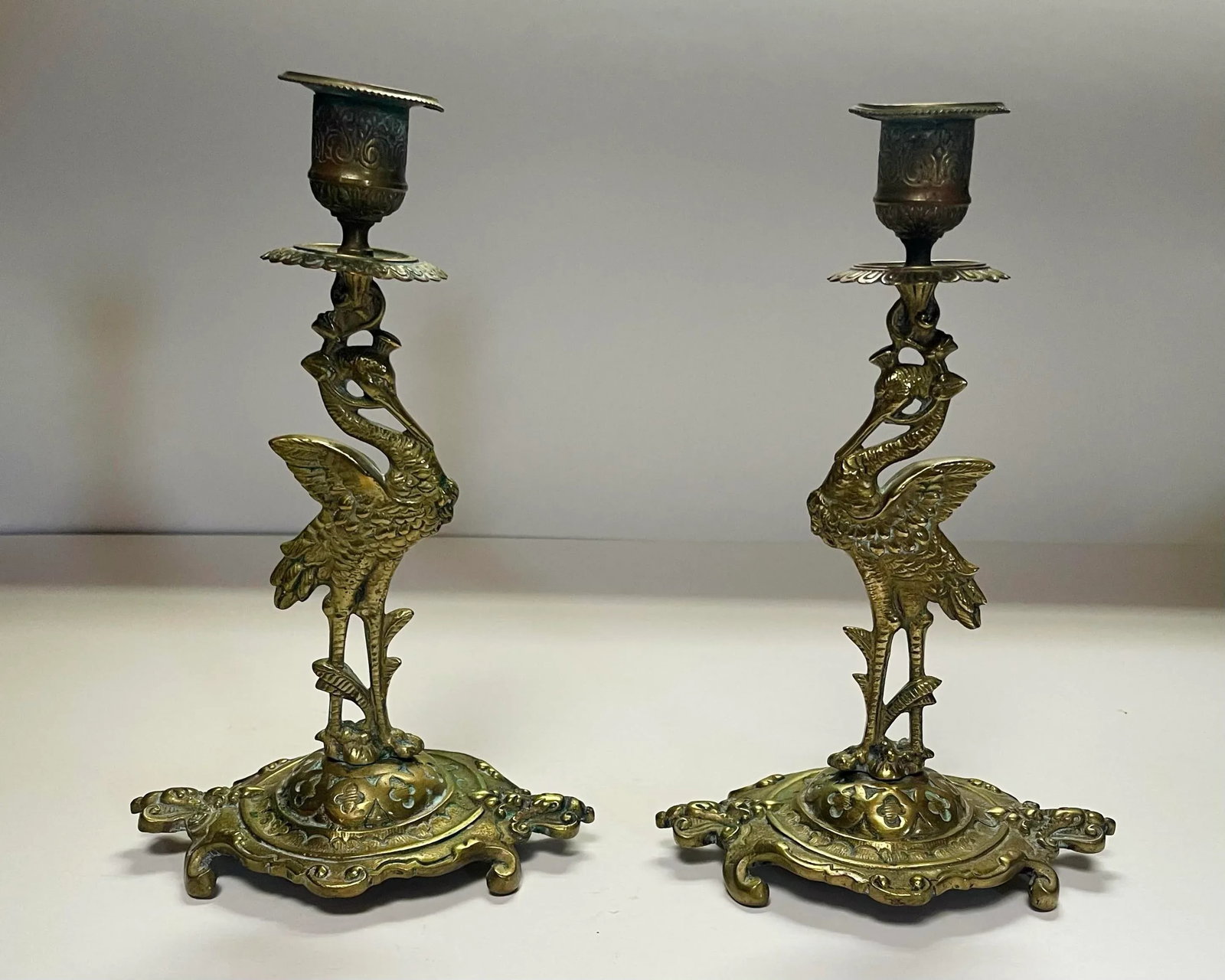 Antique Crane Brass Candlesticks- a Pair - 2