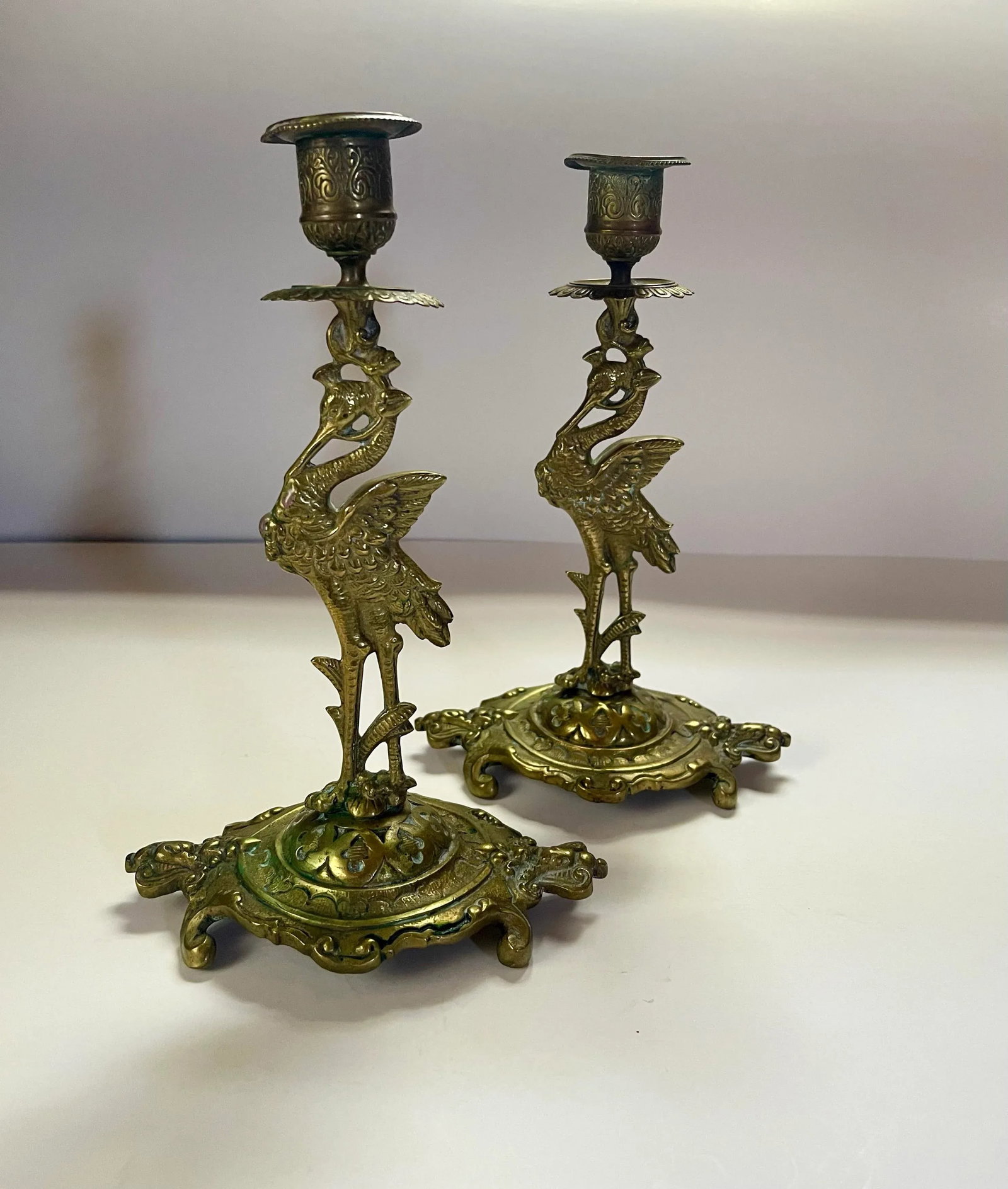 Antique Crane Brass Candlesticks- a Pair - 3