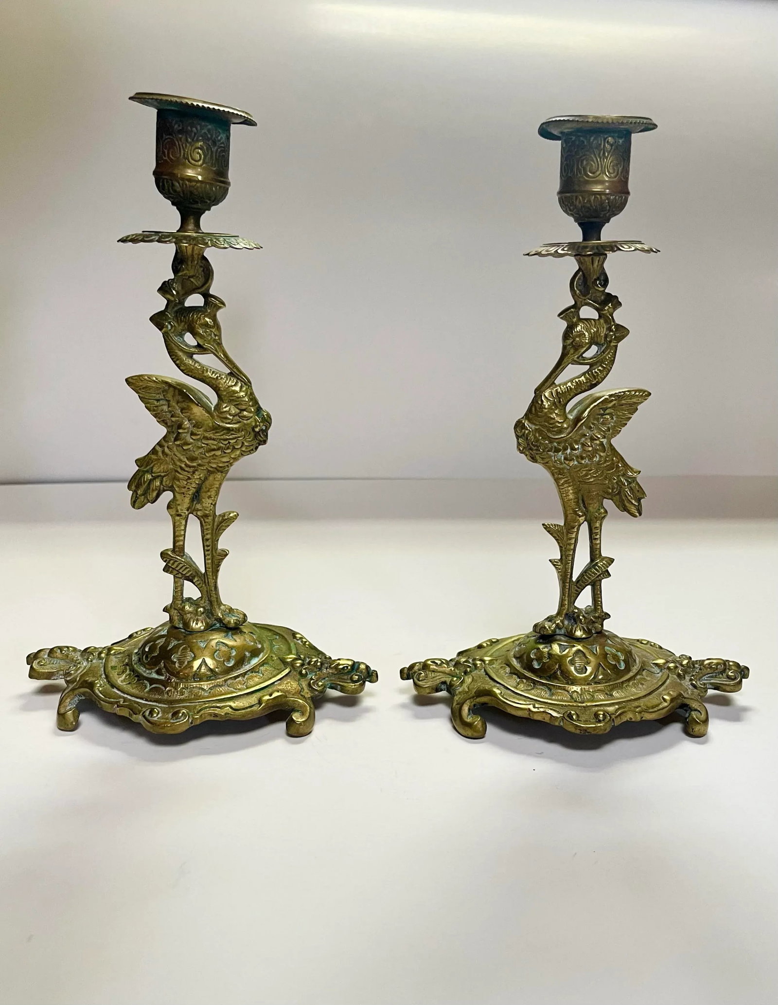 Antique Crane Brass Candlesticks- a Pair - 4