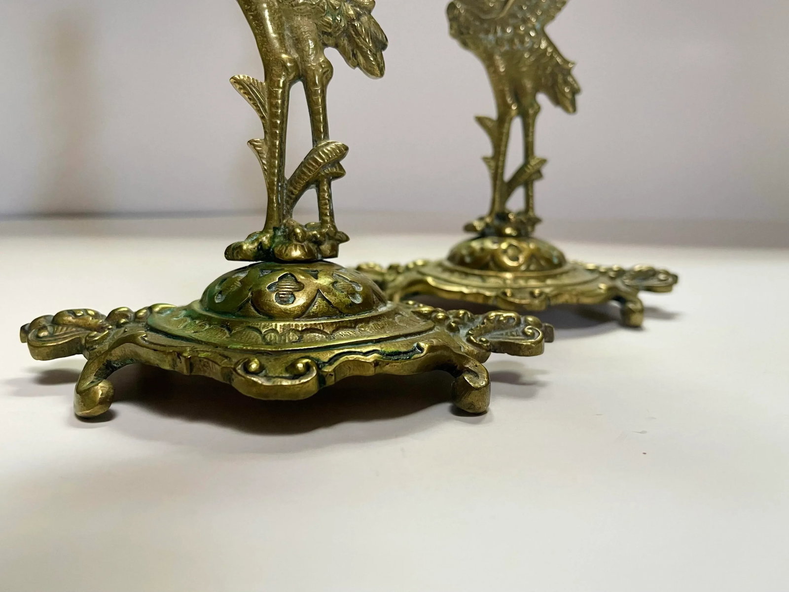 Antique Crane Brass Candlesticks- a Pair - 5