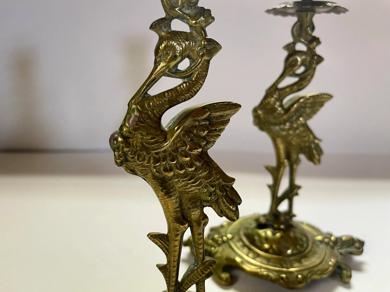 Antique Crane Brass Candlesticks- a Pair - 6