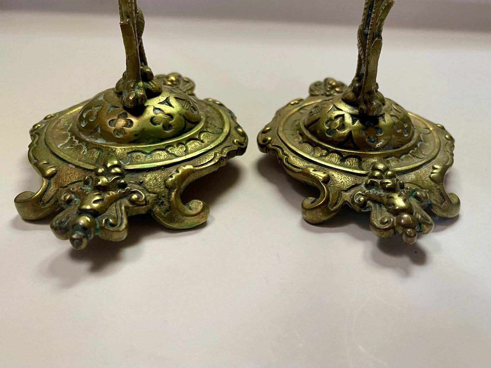 Antique Crane Brass Candlesticks- a Pair - 7