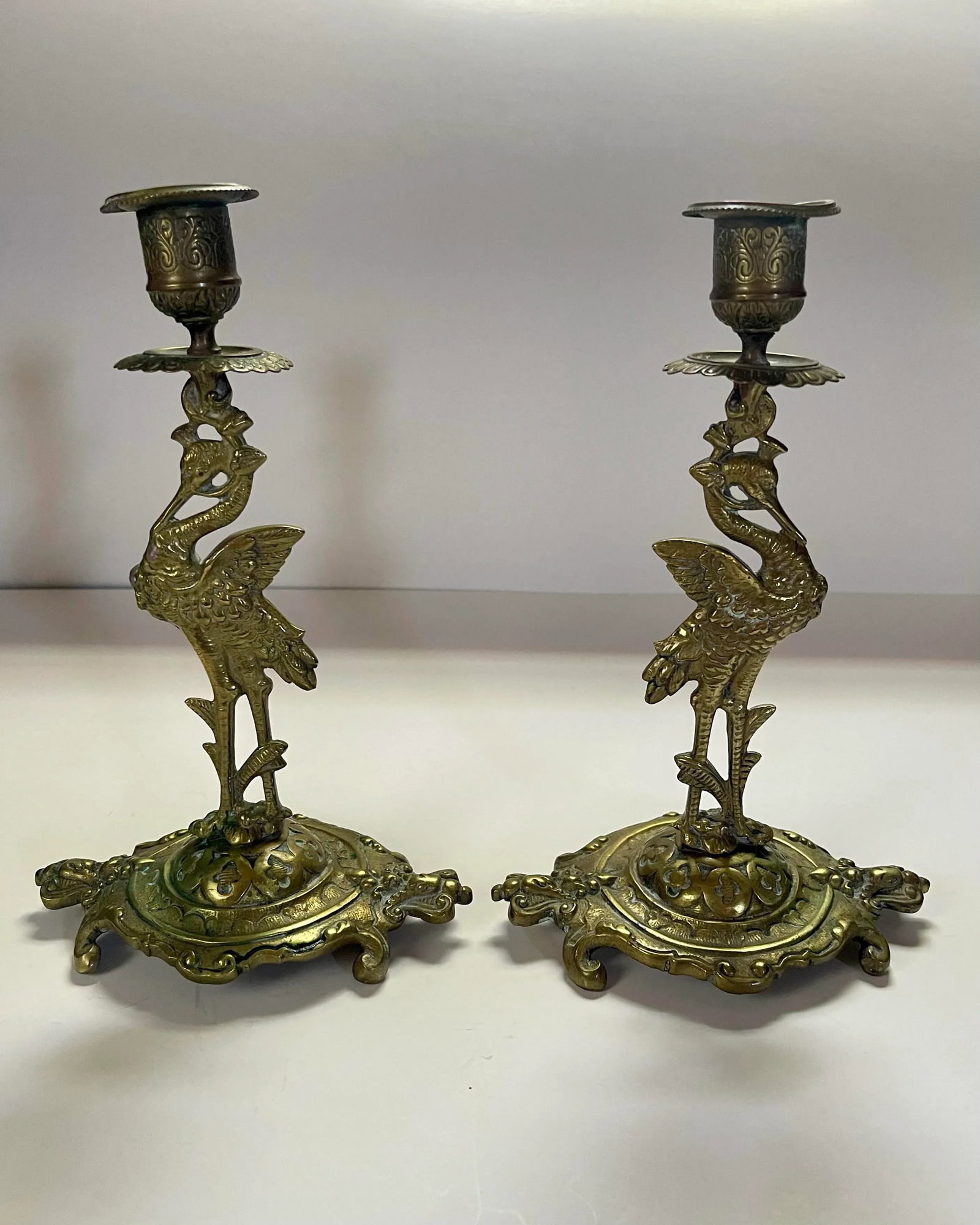 Antique Crane Brass Candlesticks- a Pair - 8