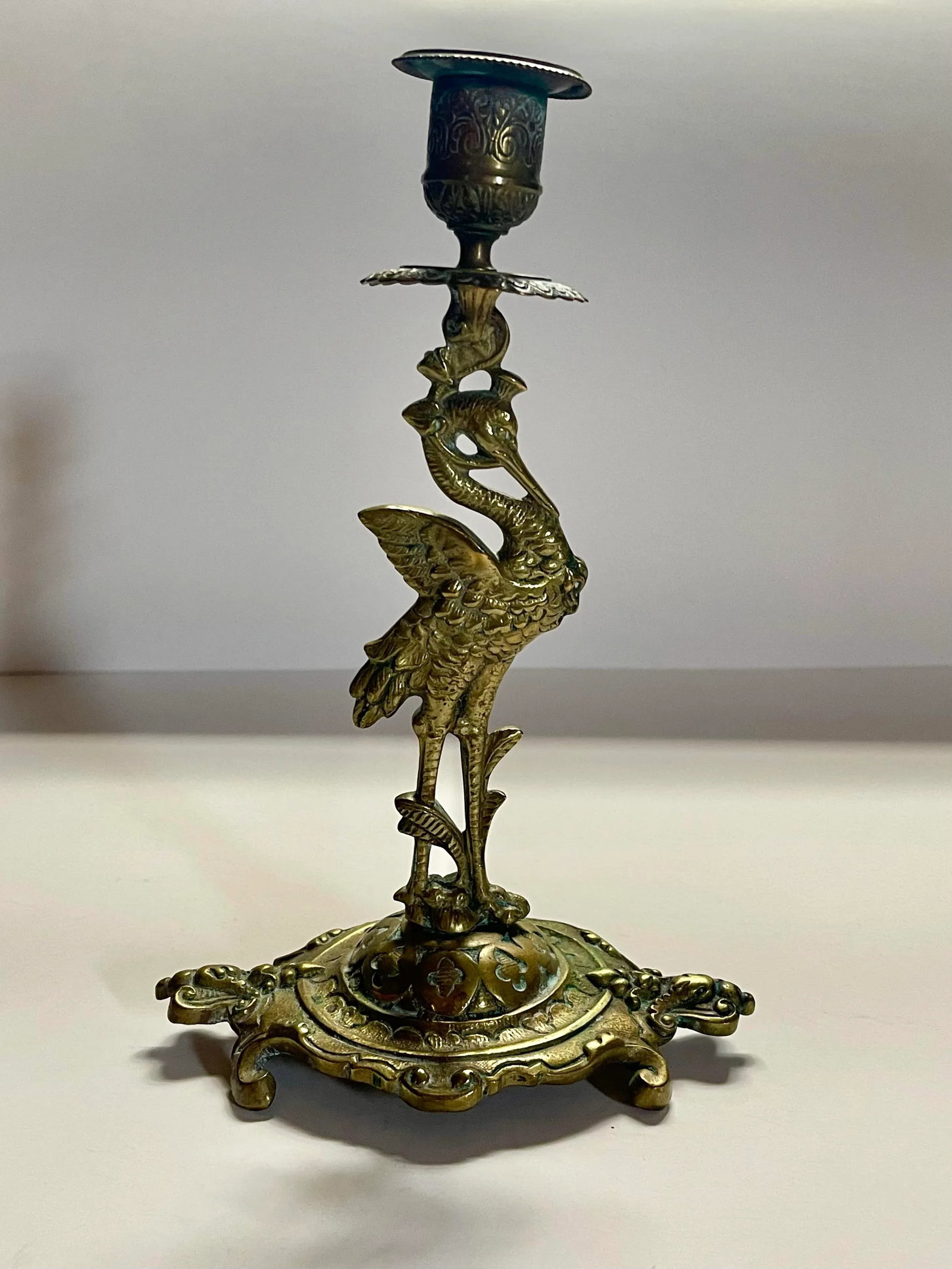 Antique Crane Brass Candlesticks- a Pair - 9