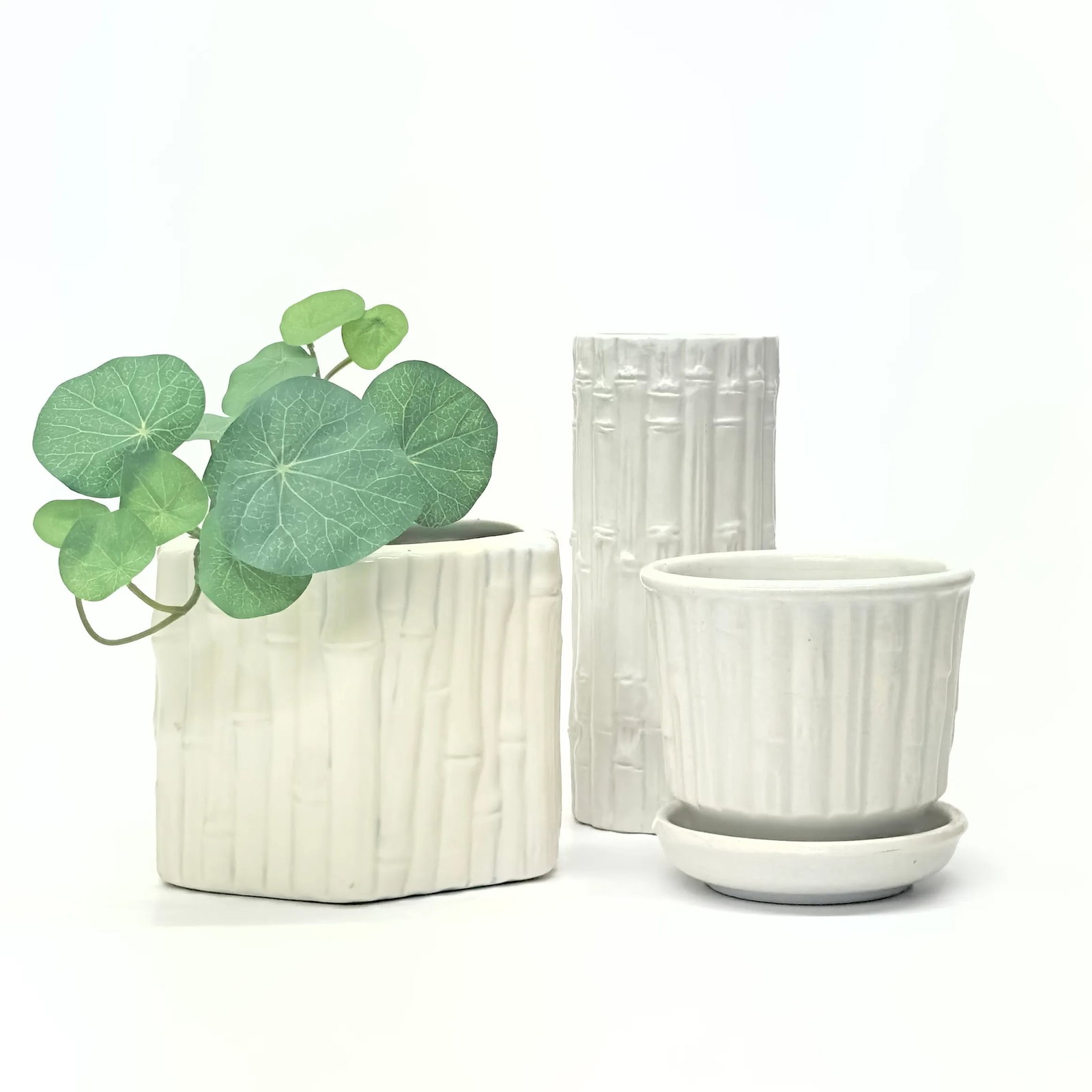 Hollywood Regency White Ceramic Faux Bamboo Vessel Curation - Group of 3 - 2