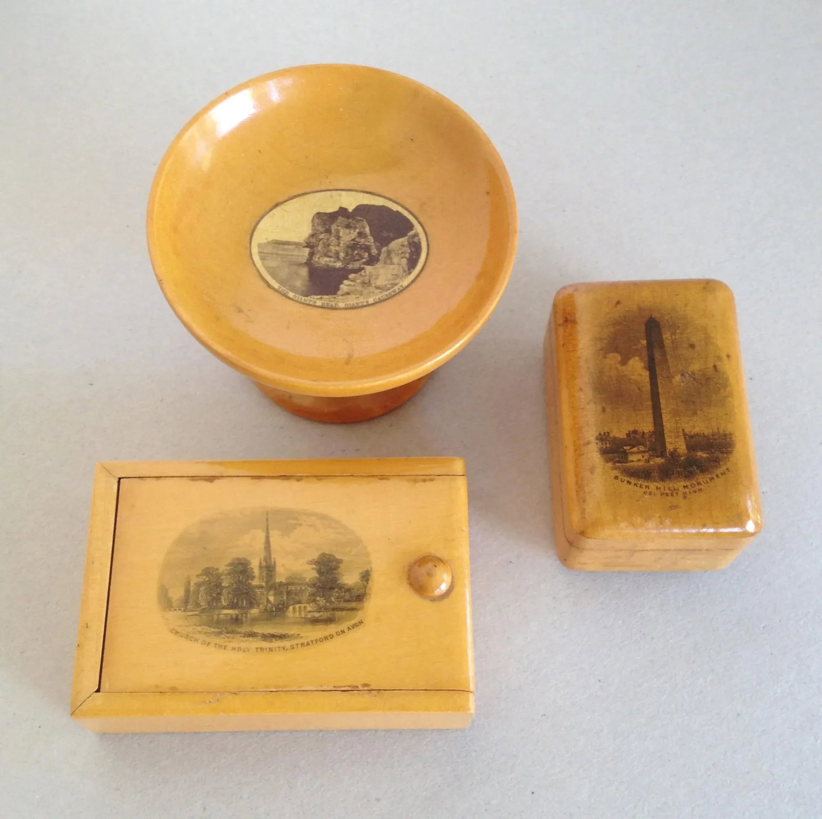Antique Mauchline Ware Treen Souvenir Set Bunker Hill, Stratford, Giant's Causeway - 2