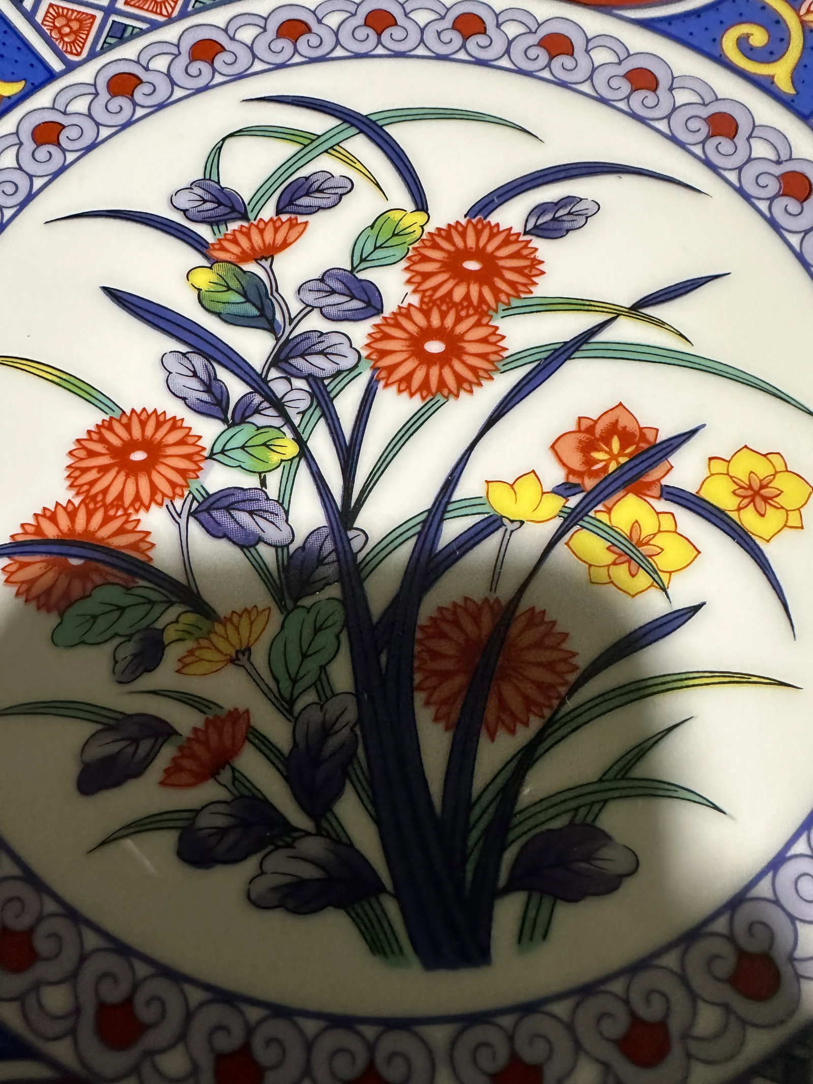 Large 1960s Decorative Japanese Platter in Blues, Greens and Rust Orange - 2