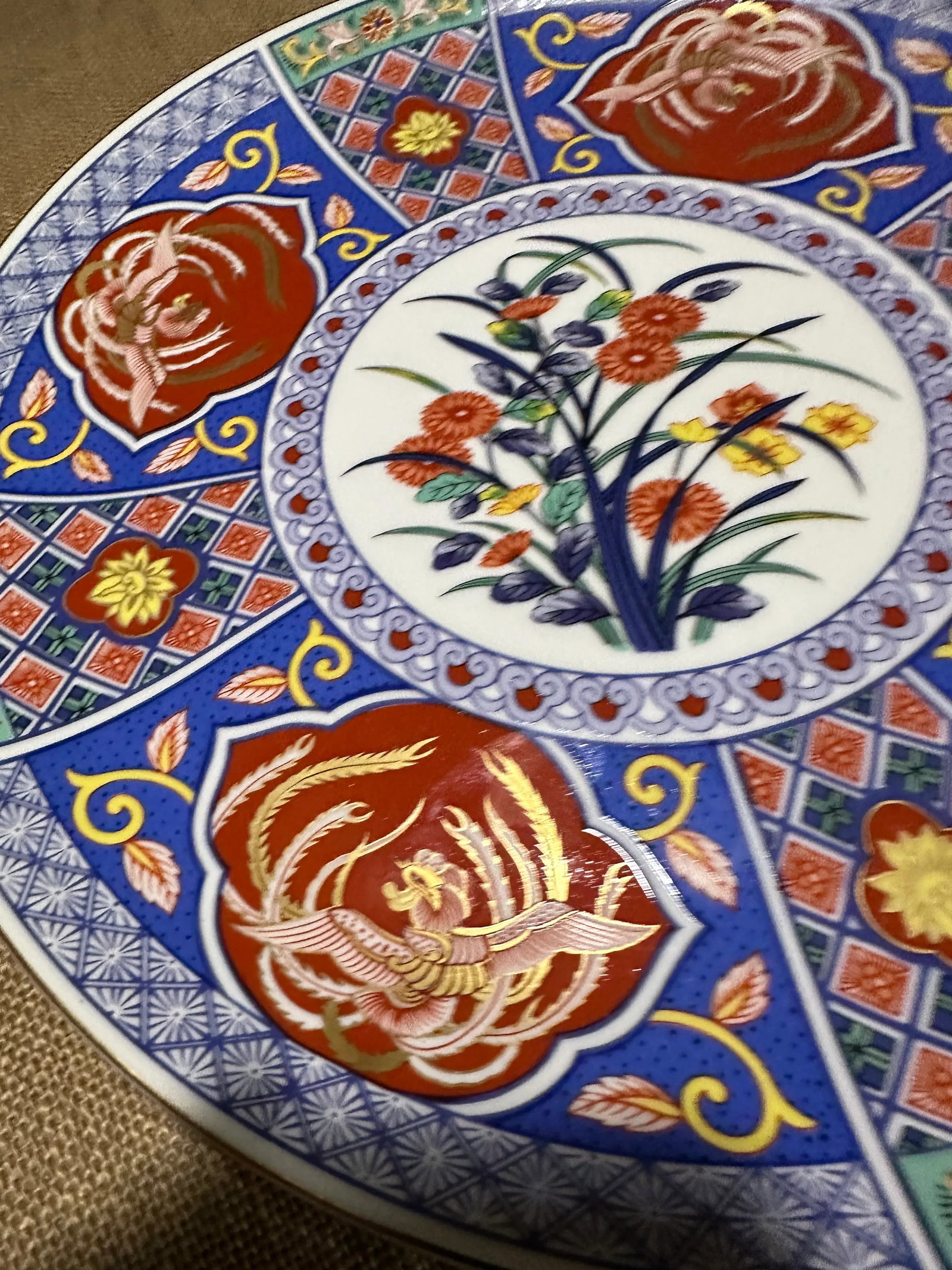 Large 1960s Decorative Japanese Platter in Blues, Greens and Rust Orange - 4