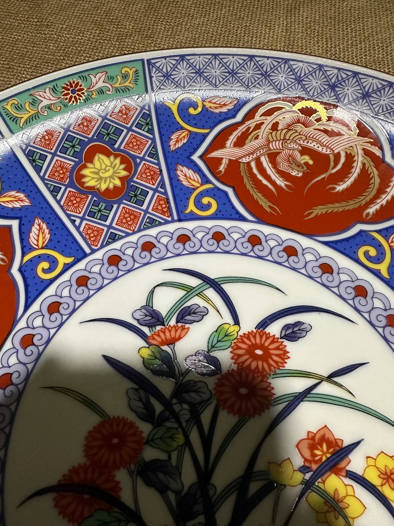 Large 1960s Decorative Japanese Platter in Blues, Greens and Rust Orange - 5