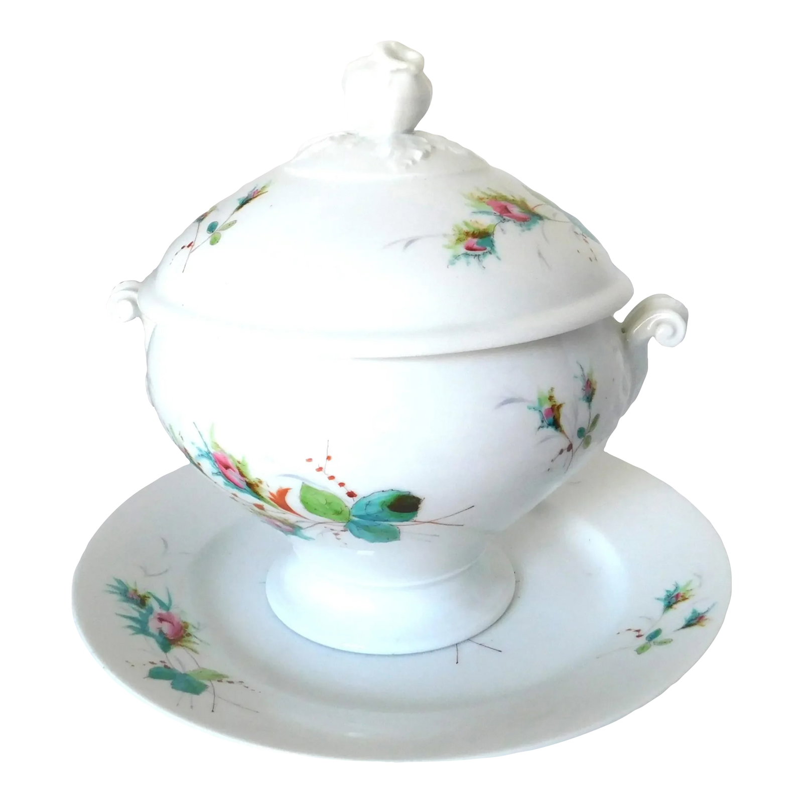 Richard Ginori Large Porcelain Ceramic Covered Vintage Serving Piece and Under Plate, Made in Italy: The beautiful vintage leafy Richard Ginori Italian ceramic porcelain rose floral lidded serving set with large underplate and lidded tureen, could be the centerpiece of a formal dinner or an easy fami