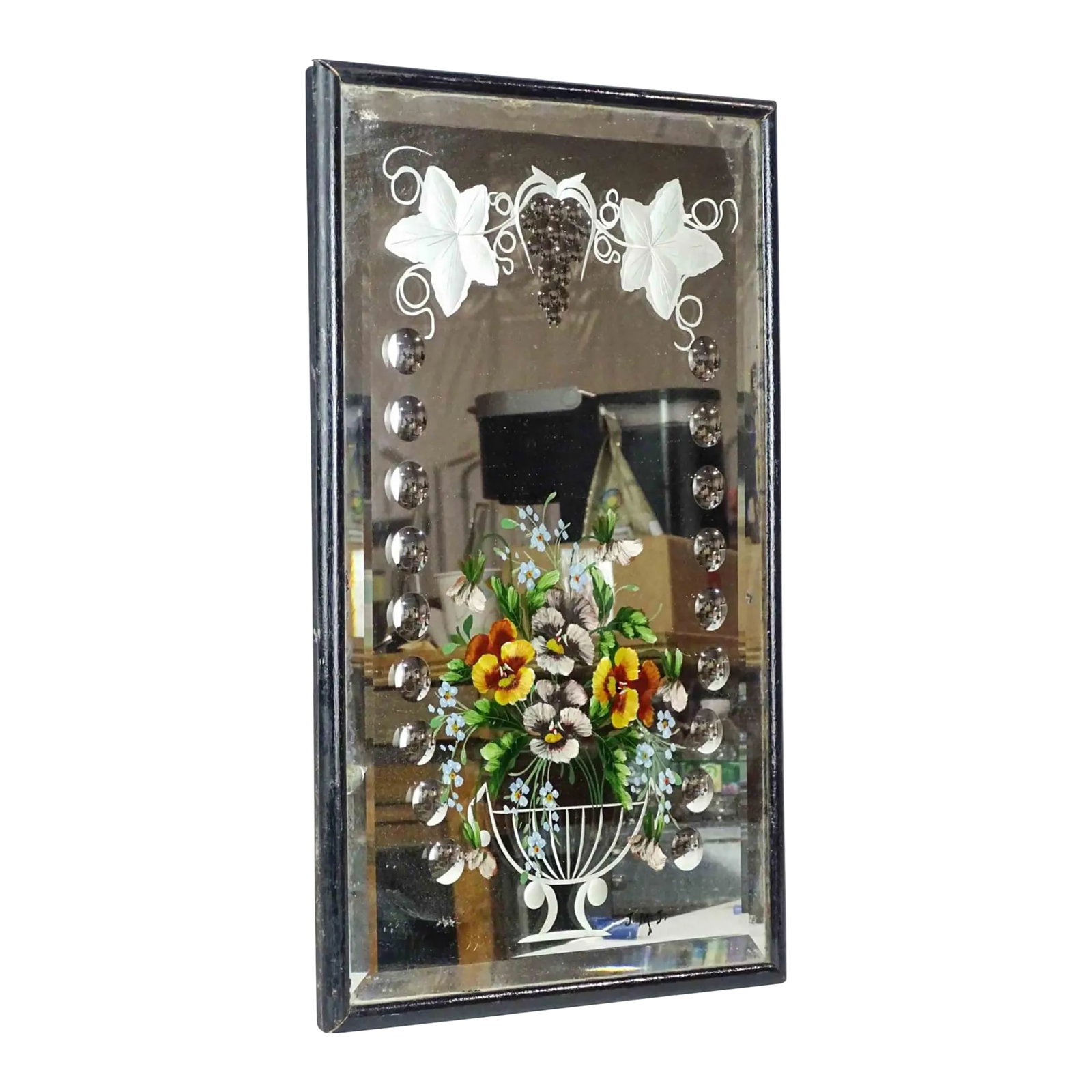 Early 19th Century Hand Painted Etched Mirror Decorated With Violets: A very sweet piece of folk art. An etched mirror decorated by some unknown talented artist with lovely pansies.. 21" x 13". Condition: Alterations: Original Condition Unaltered Imperfections: Some