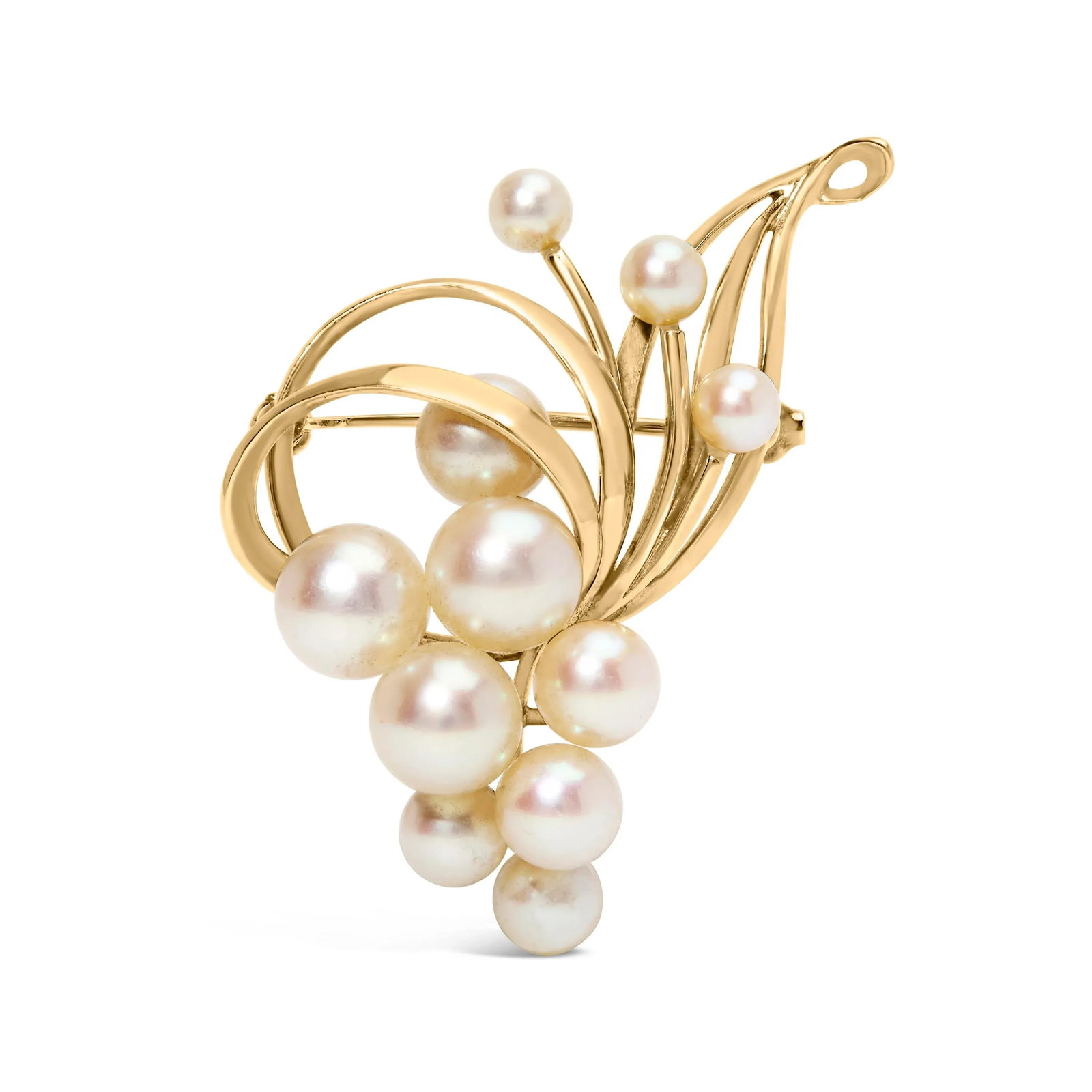 Hause of Brilliance 14K Yellow Gold Akoya Cultured Pearl Cluster Swirl Brooch Pin: Drape yourself in the opulence of the Orient with this exquisite brooch, where eleven Japanese Akoya pearls, ranging from 3 mm to 5 mm, cluster like dewdrops within an embrace of luxuriously swirling