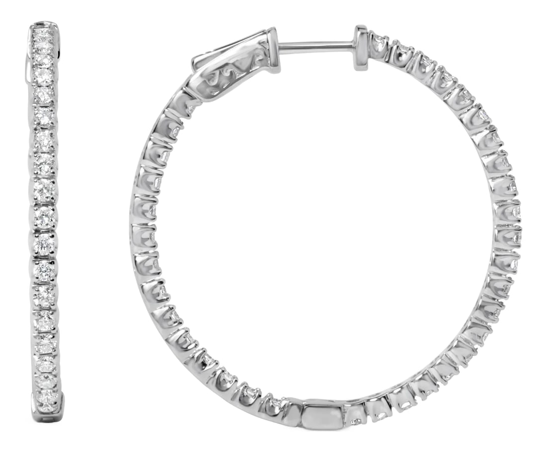 14K White Gold 1 3/4 Cttw Lab Grown Diamond Inside Out Hoop Earrings (G-H Color, VS2-SI1 Clarity): Step into the world of timeless elegance with these stunning hoop earrings, a masterpiece in 14K white gold. Adorned with a breathtaking array of 70 round-cut lab-grown diamonds, these earrings