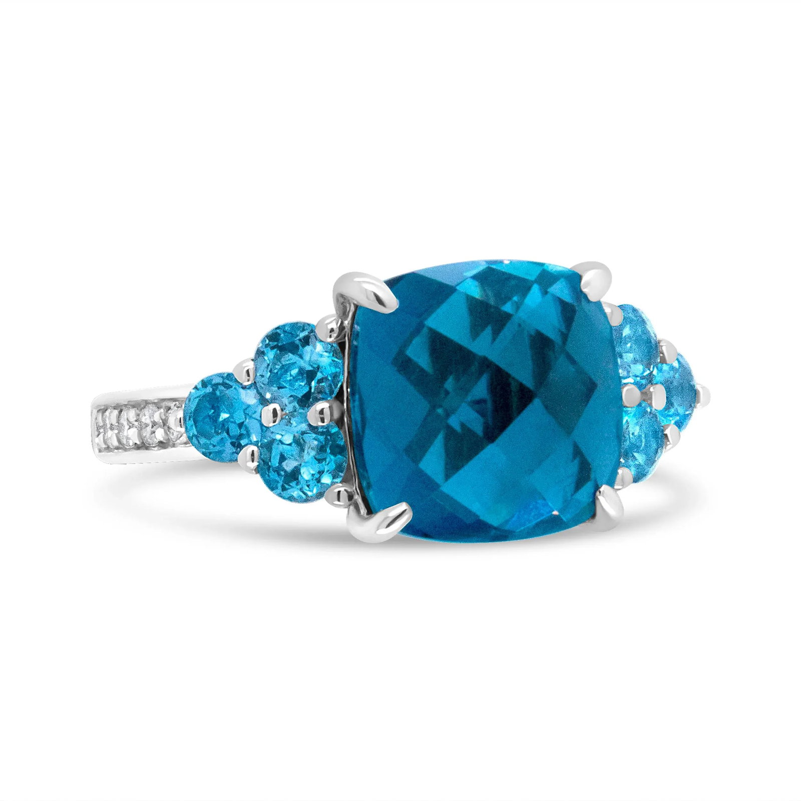 18K White Gold 10mm Cushion Shaped Blue Topaz and 1/6 Cttw Diamond 3 Stone Style Ring (F-G Color, VS - 2
