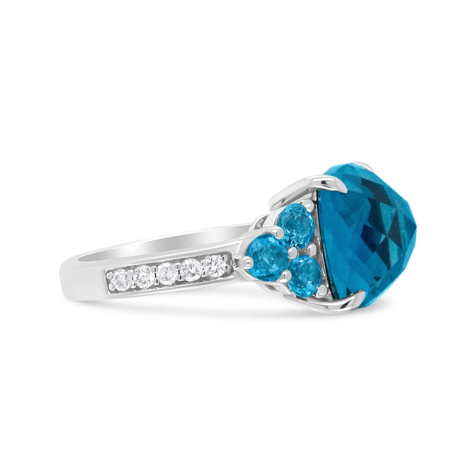 18K White Gold 10mm Cushion Shaped Blue Topaz and 1/6 Cttw Diamond 3 Stone Style Ring (F-G Color, VS - 3