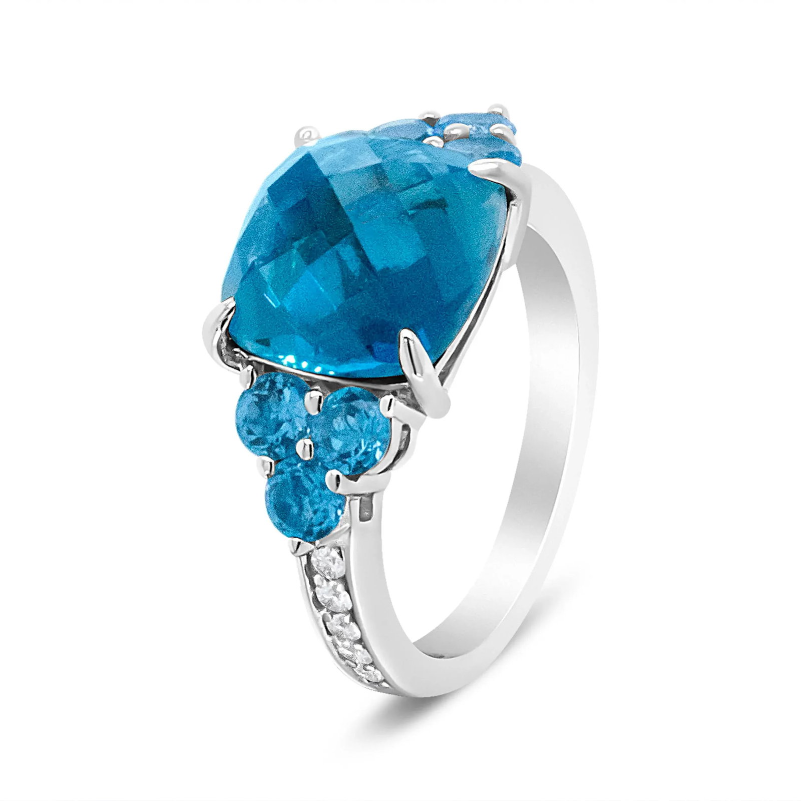 18K White Gold 10mm Cushion Shaped Blue Topaz and 1/6 Cttw Diamond 3 Stone Style Ring (F-G Color, VS - 4