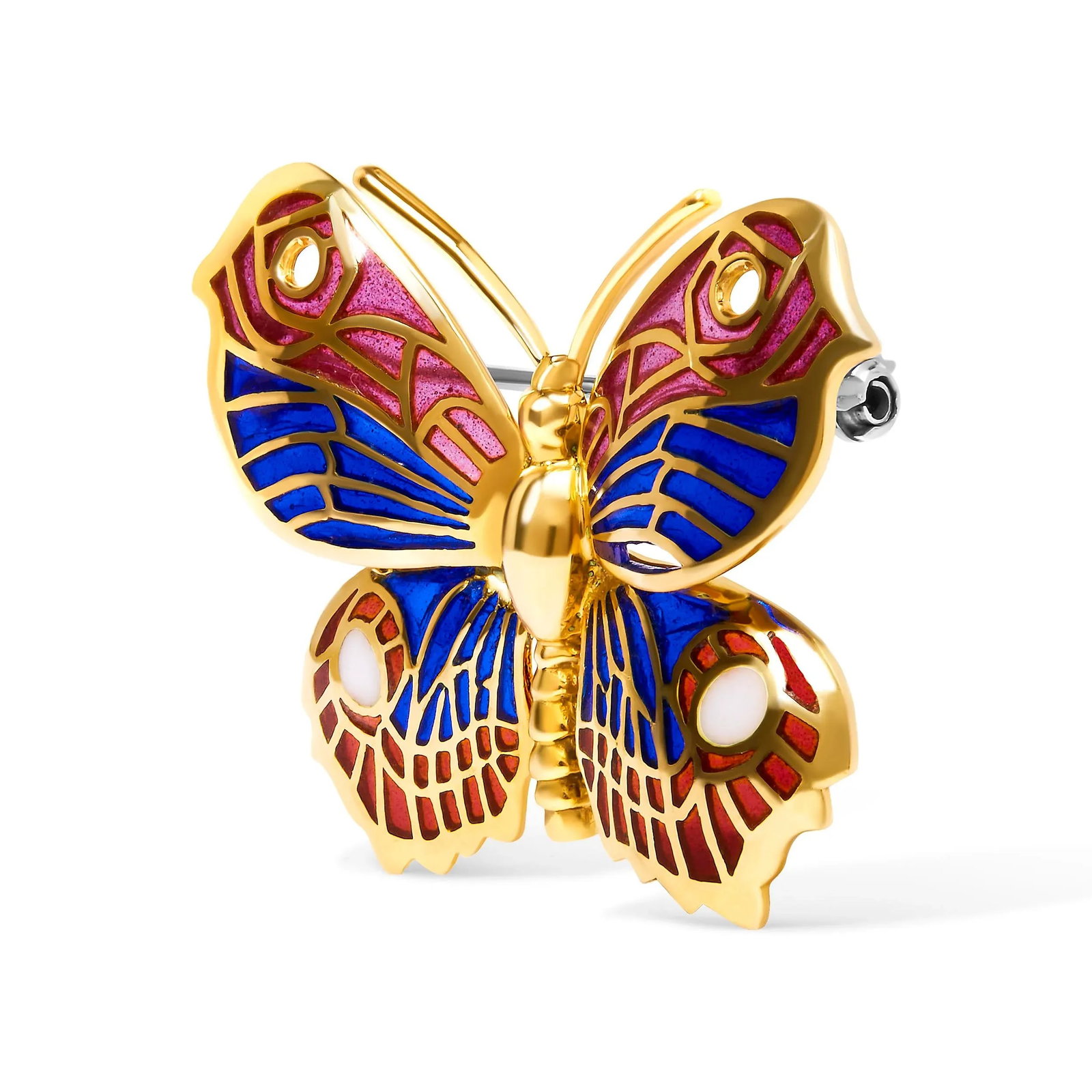 Hause of Brilliance 18K Yellow Gold Red, Blue, and White Enameled Butterfly Brooch Pin - 2