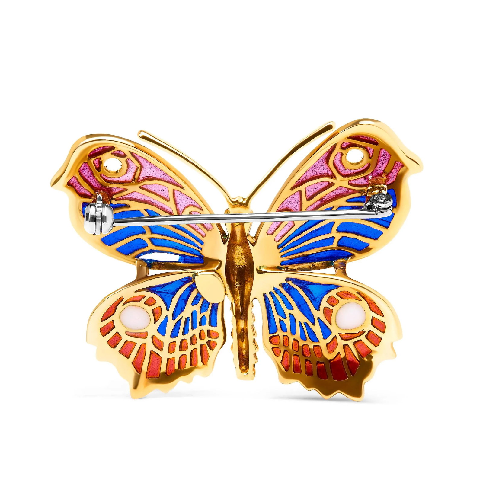 Hause of Brilliance 18K Yellow Gold Red, Blue, and White Enameled Butterfly Brooch Pin - 3