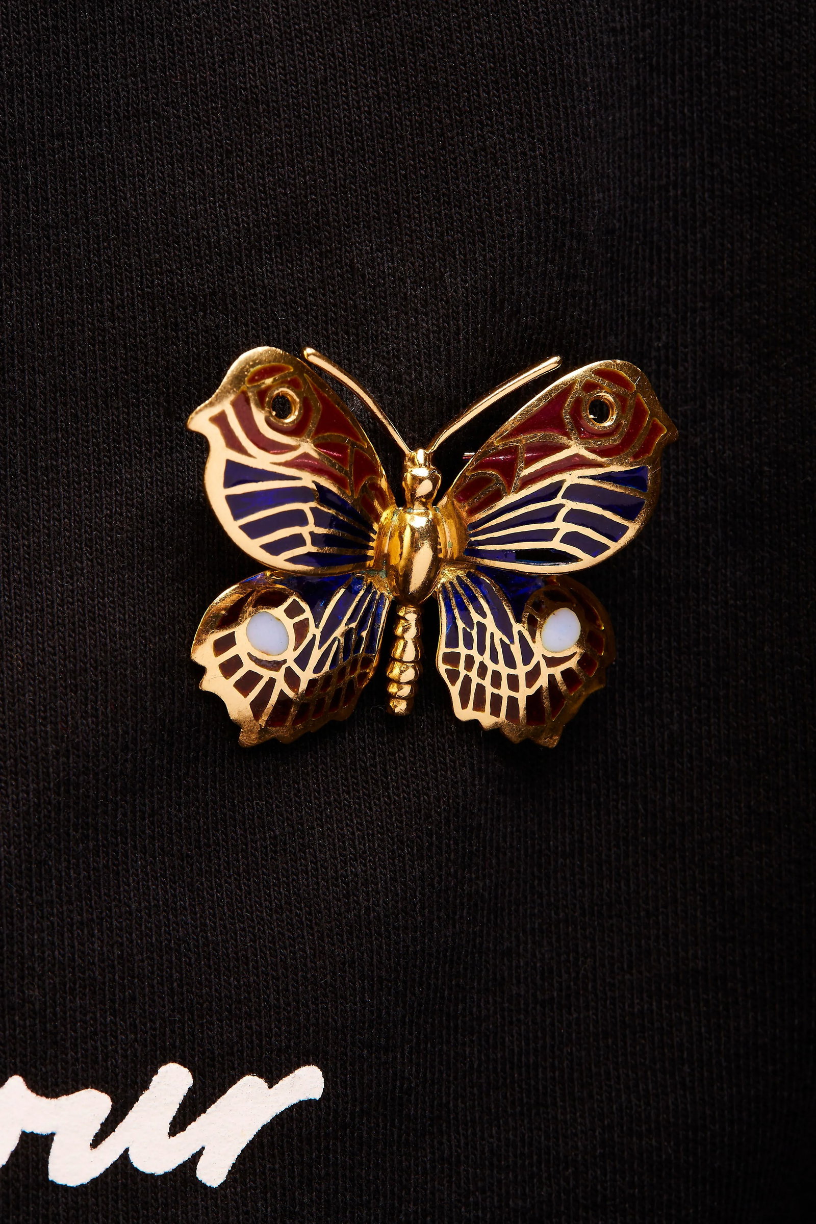 Hause of Brilliance 18K Yellow Gold Red, Blue, and White Enameled Butterfly Brooch Pin - 5