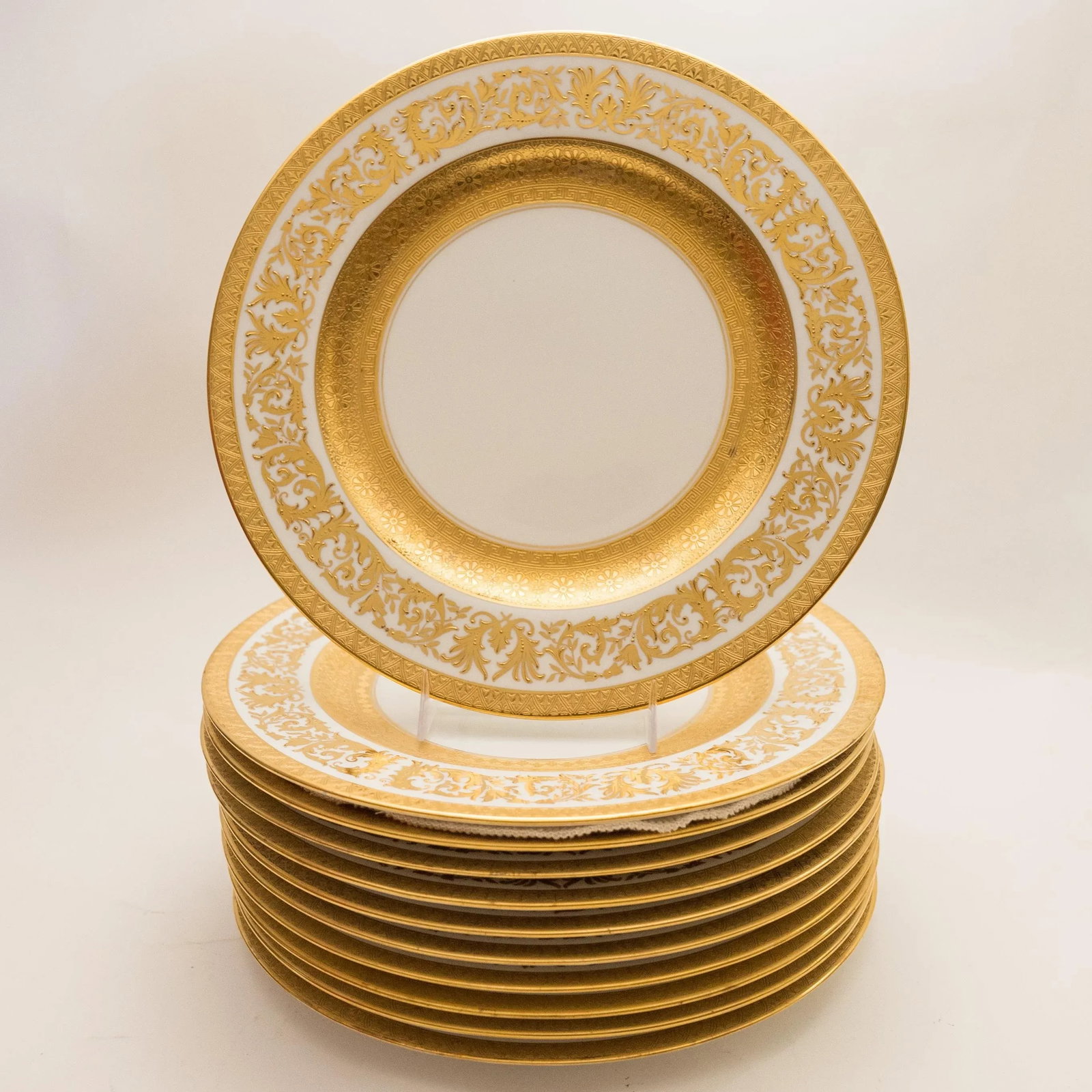 Gilt Encrusted Dinner Plates, Antique Custom Order with Wide Gold Banding - Set of 11 - 8