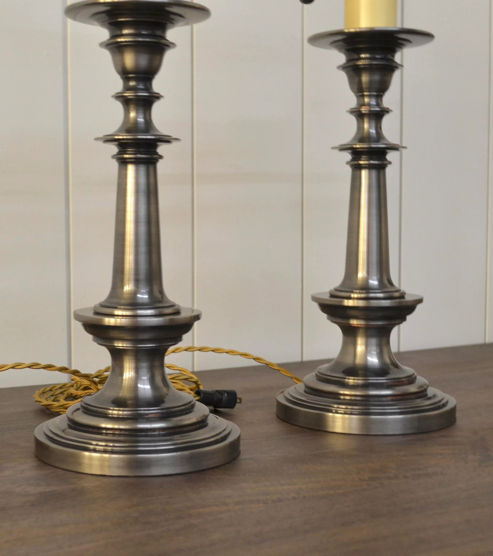English Style Candlestick Lamps in Pewter Finish - A Pair - 4