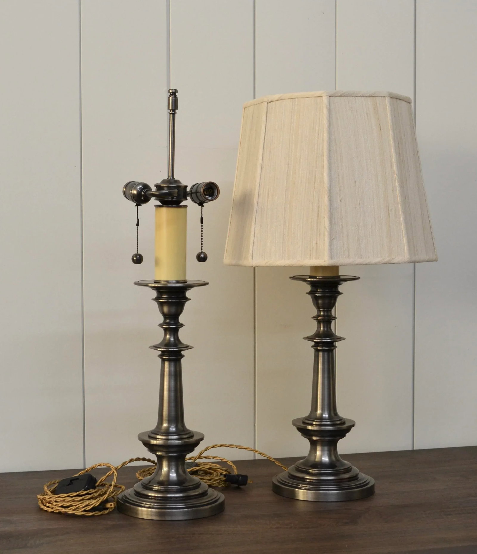 English Style Candlestick Lamps in Pewter Finish - A Pair - 6