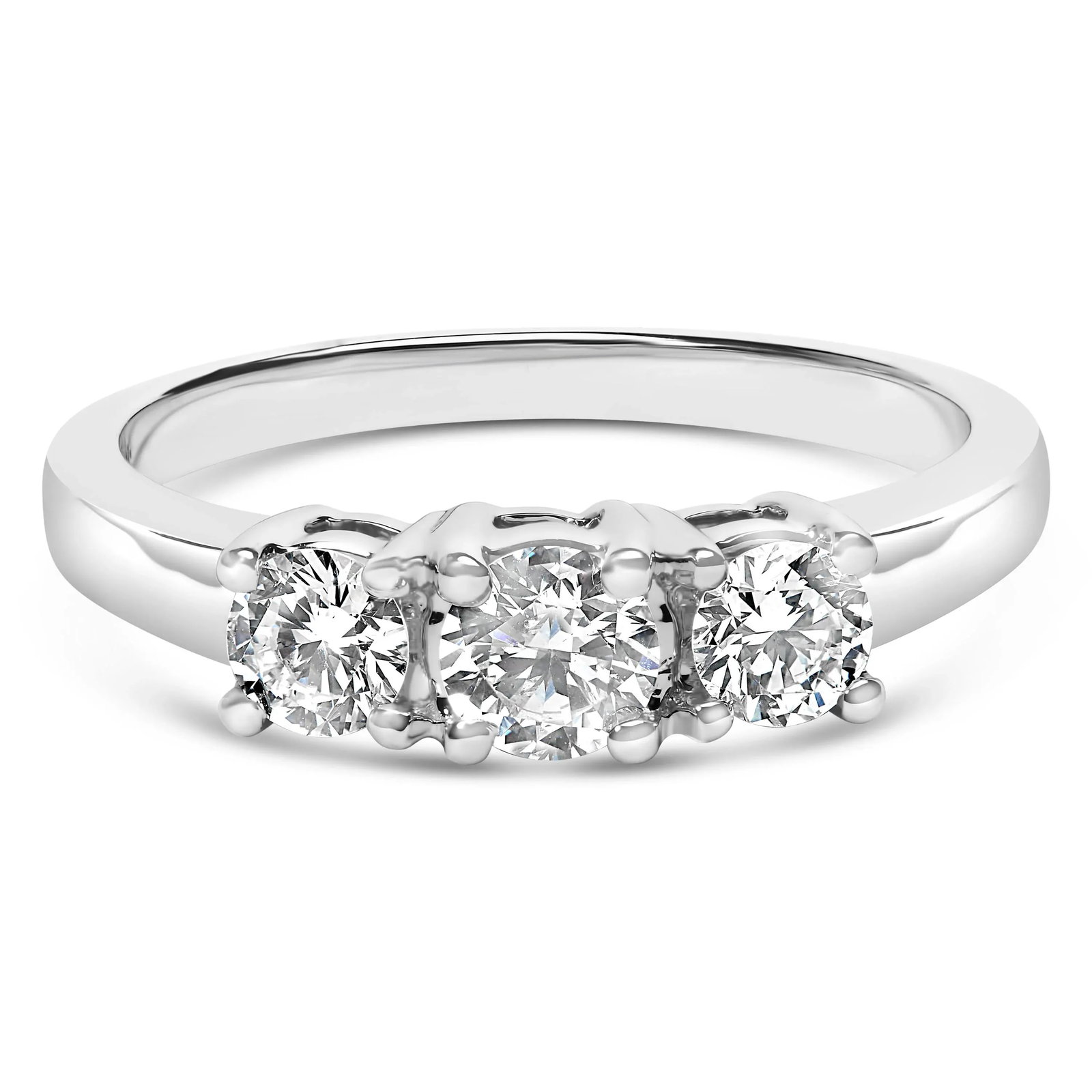 14K White Gold 3/4 Cttw Lab Grown Diamond 3 Stone Ring Band (F-G Color, VS2-SI1 Clarity)- Size 8: Indulge in the timeless elegance of this exquisite 14K white gold ring band, a treasure that artfully blends modern sophistication with classic allure. At its heart, the ring features a trio of lab-gr