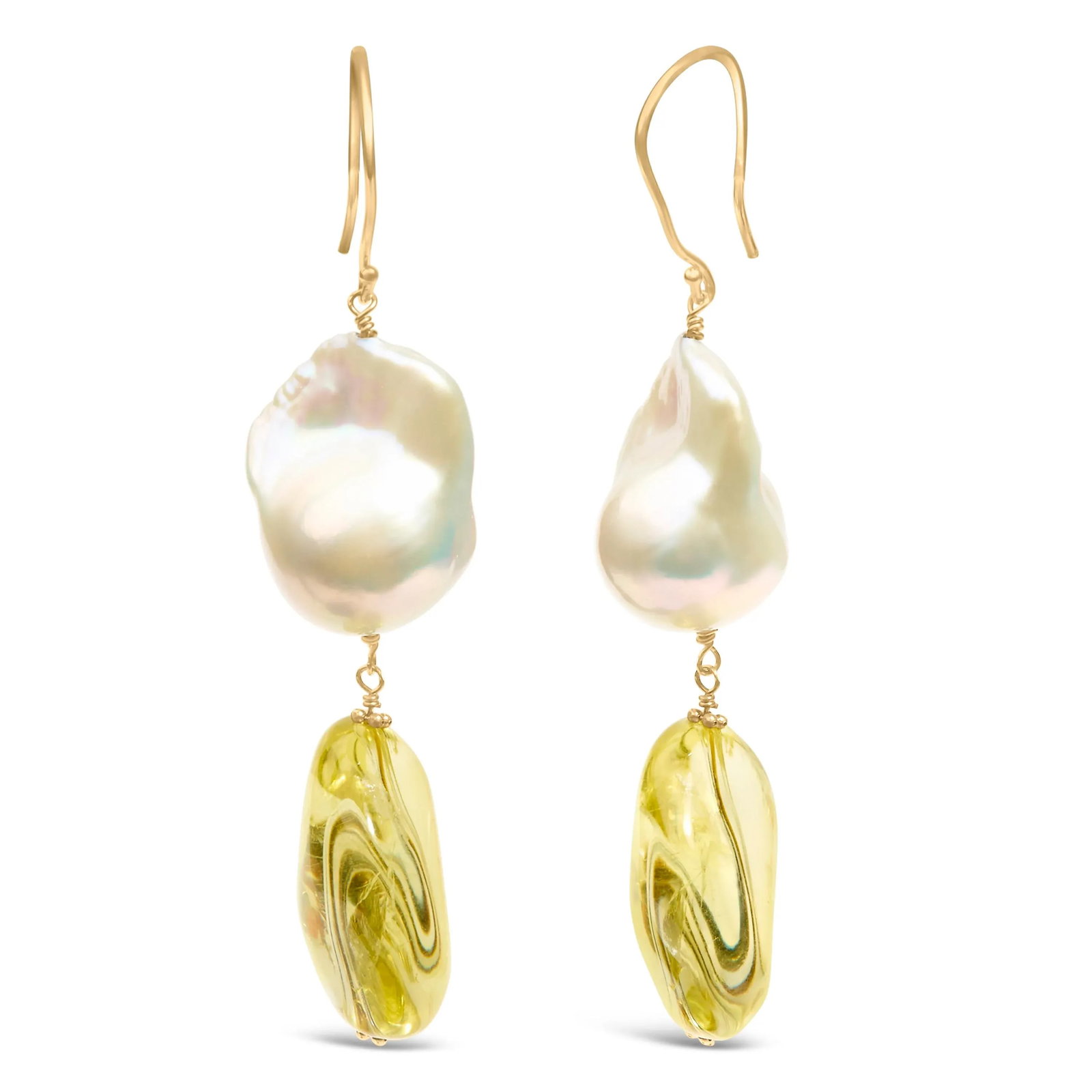 14K Yellow Gold Citrine and Baroque Pearl Drop and Dangle Earrings 1 3/4 Inch Dangle - 2