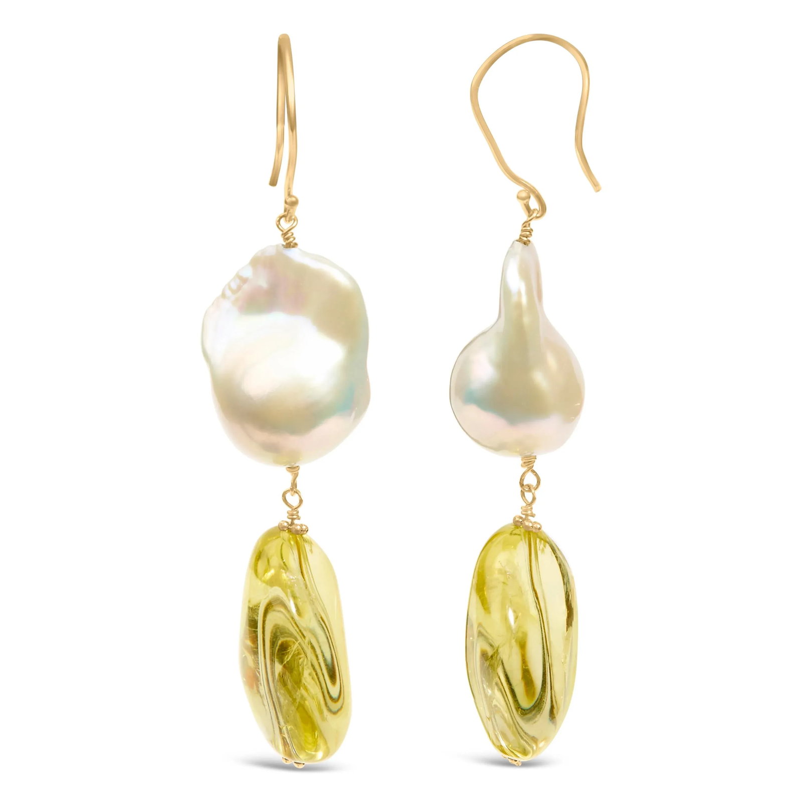 14K Yellow Gold Citrine and Baroque Pearl Drop and Dangle Earrings 1 3/4 Inch Dangle - 3