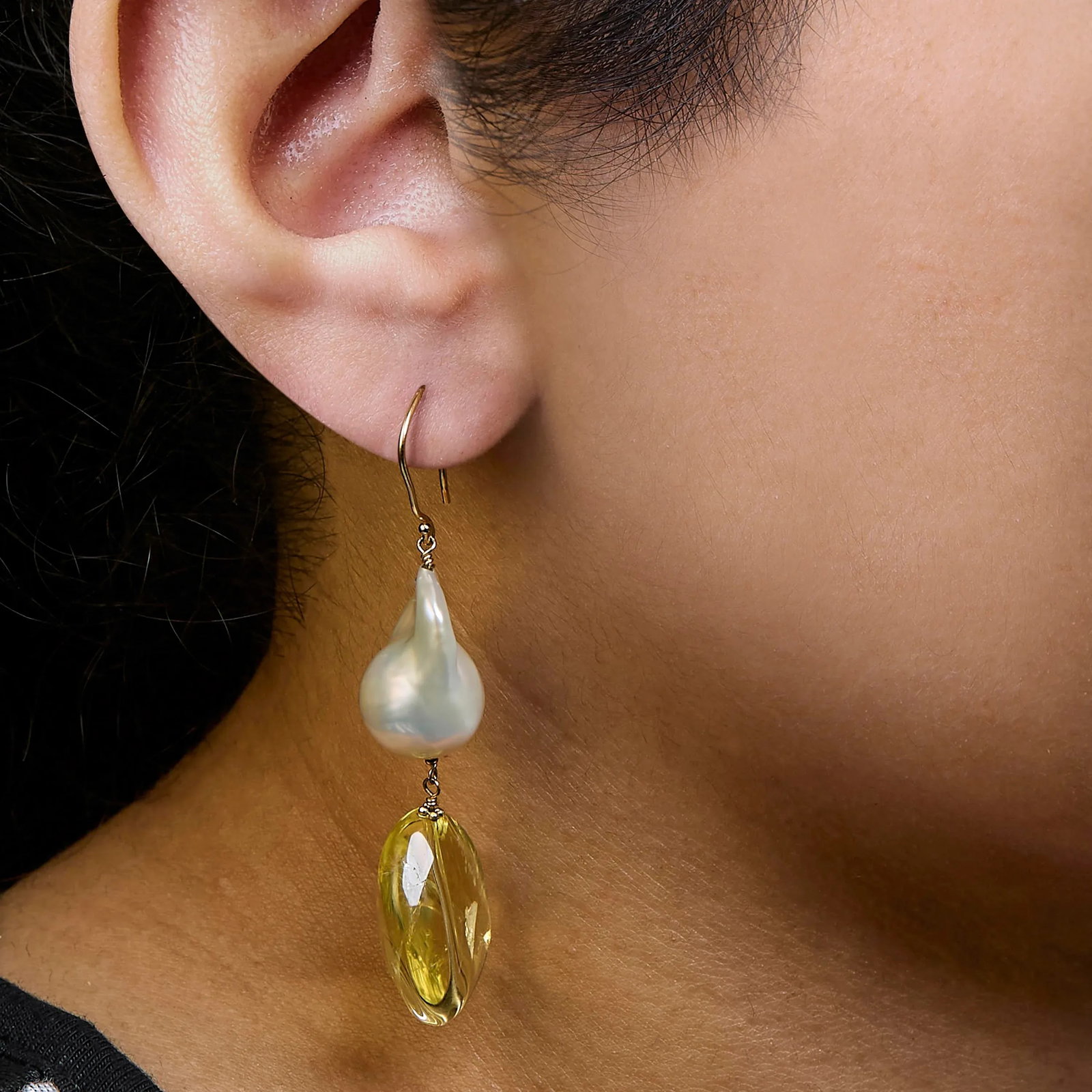 14K Yellow Gold Citrine and Baroque Pearl Drop and Dangle Earrings 1 3/4 Inch Dangle - 4