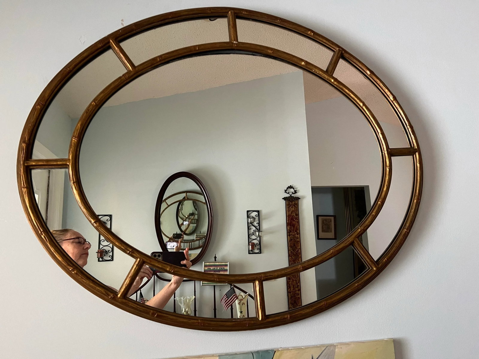Vintage Gold Faux Bamboo Oval Wall Mirror - 2