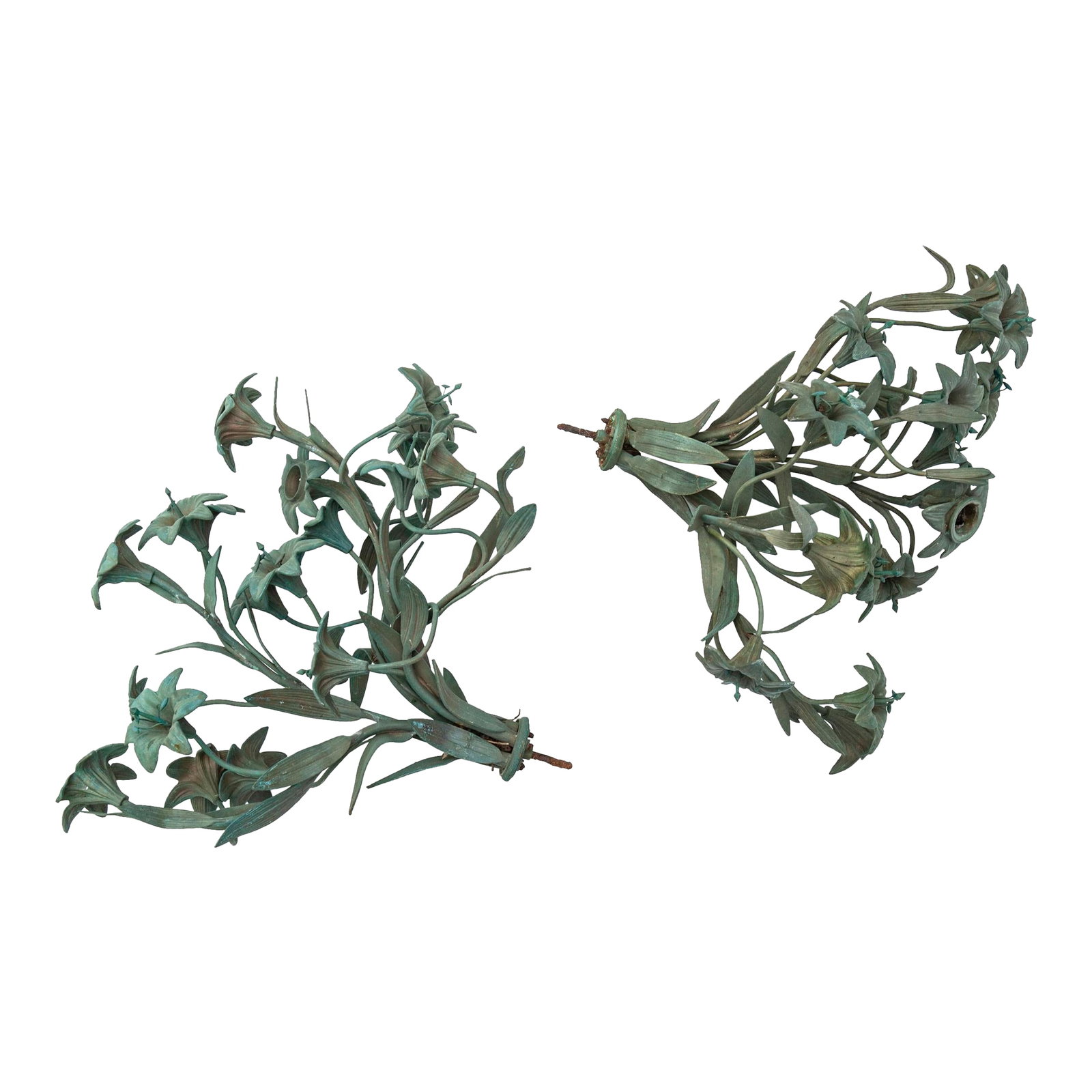 Victorian Patined Bronze Bouquets; A Pair: Finally crafted bronze bouquets. A few of the flowers have candle holders. The bouquet presents a unique display, example; fireplace interior focal point when the fireplace is not in use. Each