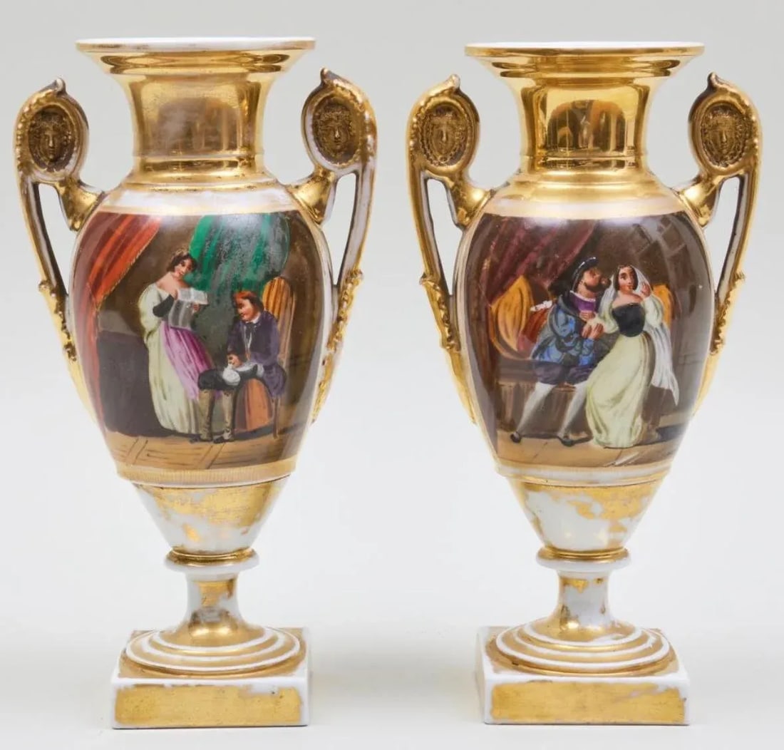 A Pair of 19th Century French Empire Vases Old Paris Porcelain Gilt Ground Pastoral and Figural Mant - 2
