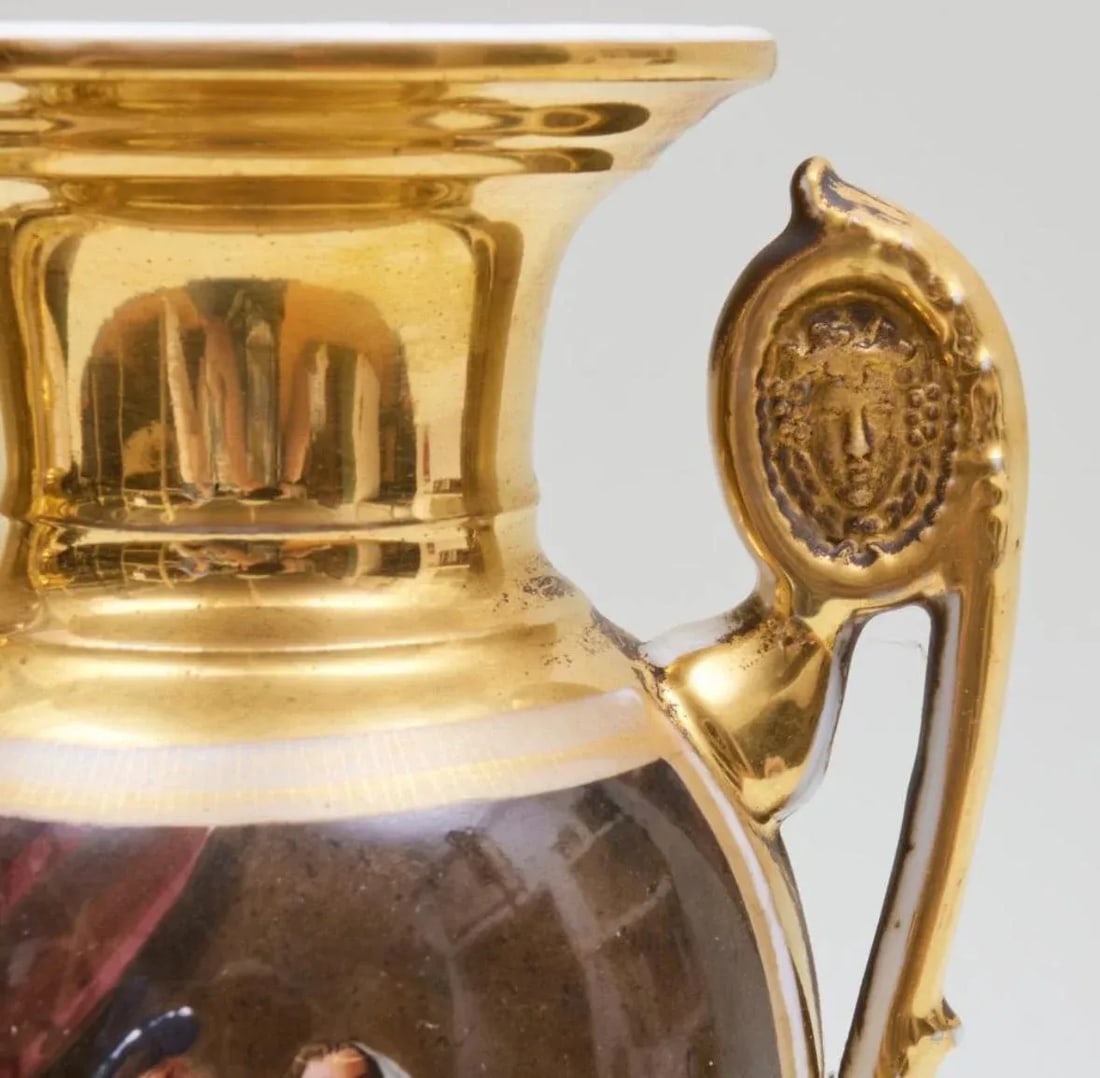 A Pair of 19th Century French Empire Vases Old Paris Porcelain Gilt Ground Pastoral and Figural Mant - 3