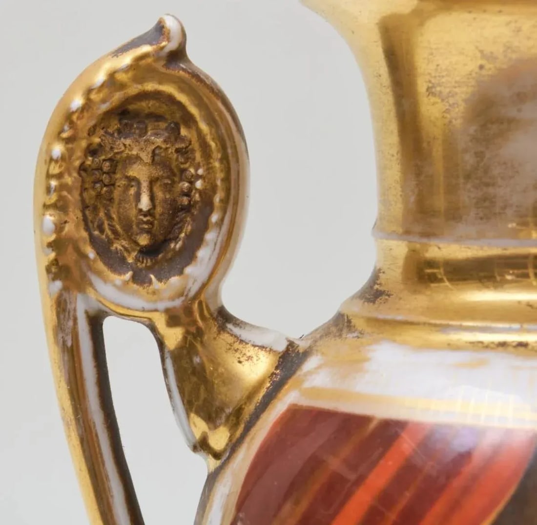 A Pair of 19th Century French Empire Vases Old Paris Porcelain Gilt Ground Pastoral and Figural Mant - 4
