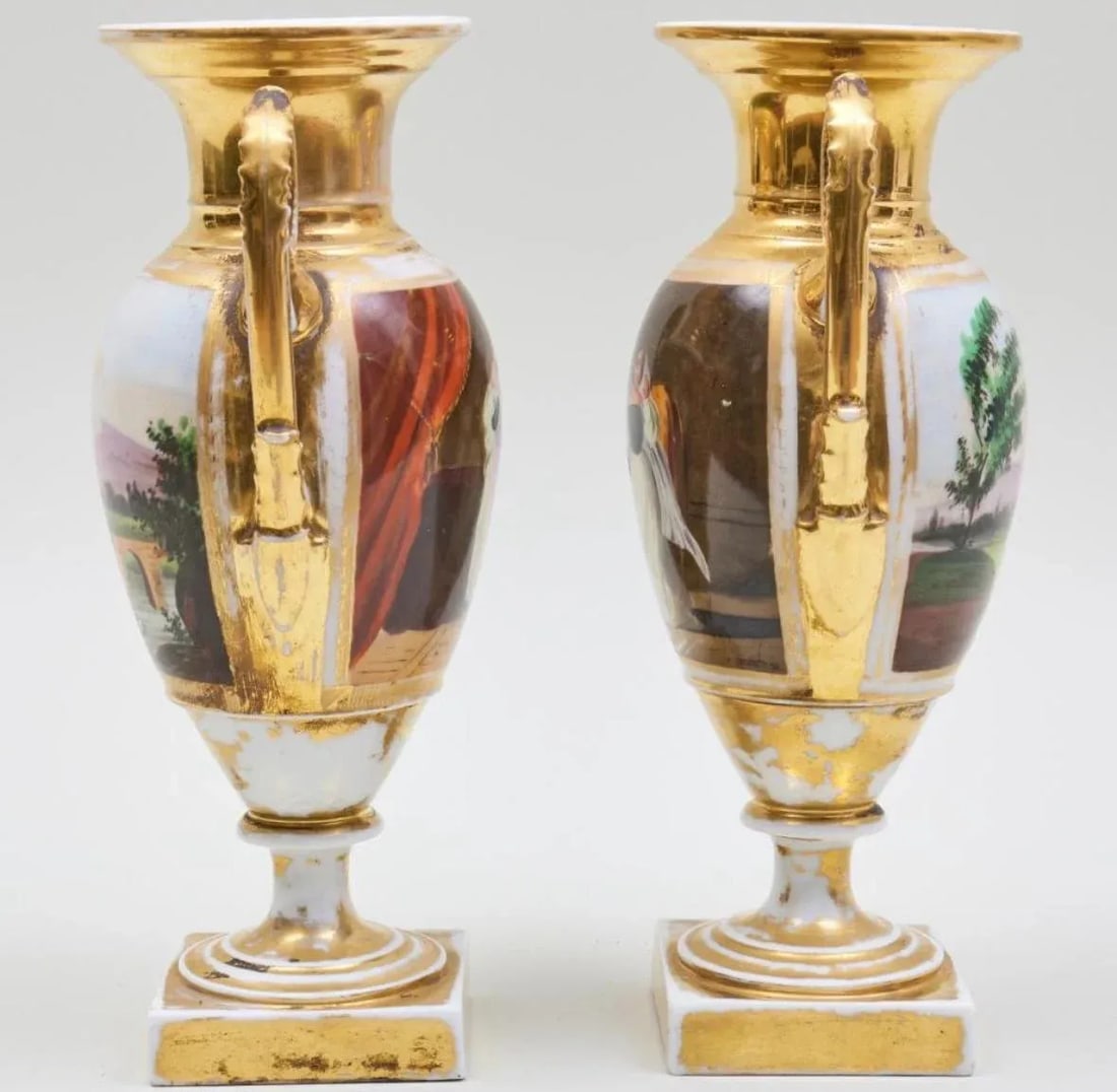 A Pair of 19th Century French Empire Vases Old Paris Porcelain Gilt Ground Pastoral and Figural Mant - 5