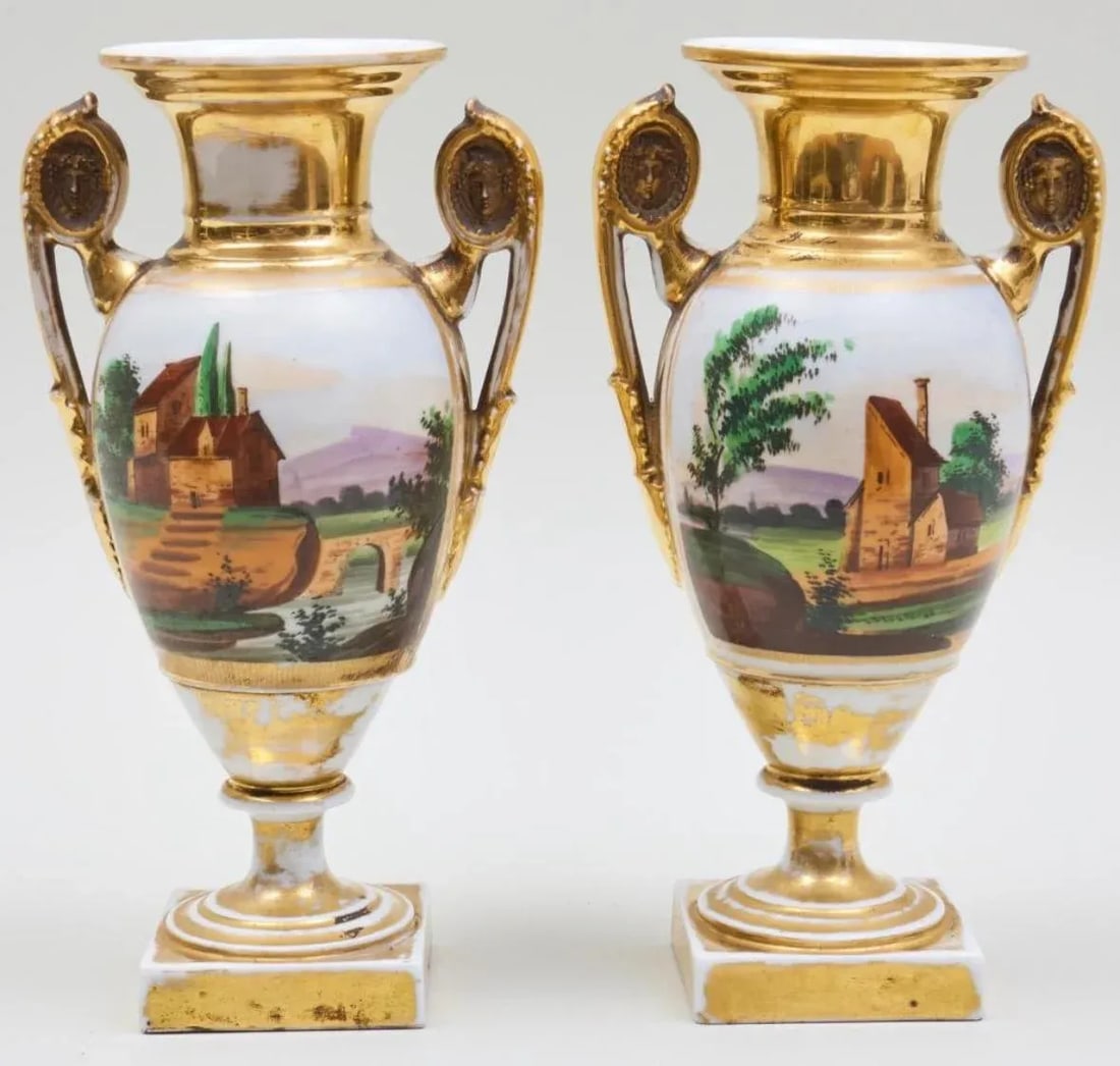 A Pair of 19th Century French Empire Vases Old Paris Porcelain Gilt Ground Pastoral and Figural Mant - 6