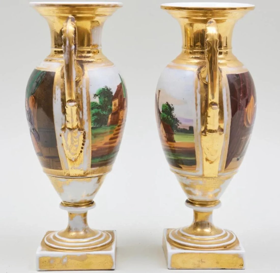 A Pair of 19th Century French Empire Vases Old Paris Porcelain Gilt Ground Pastoral and Figural Mant - 7